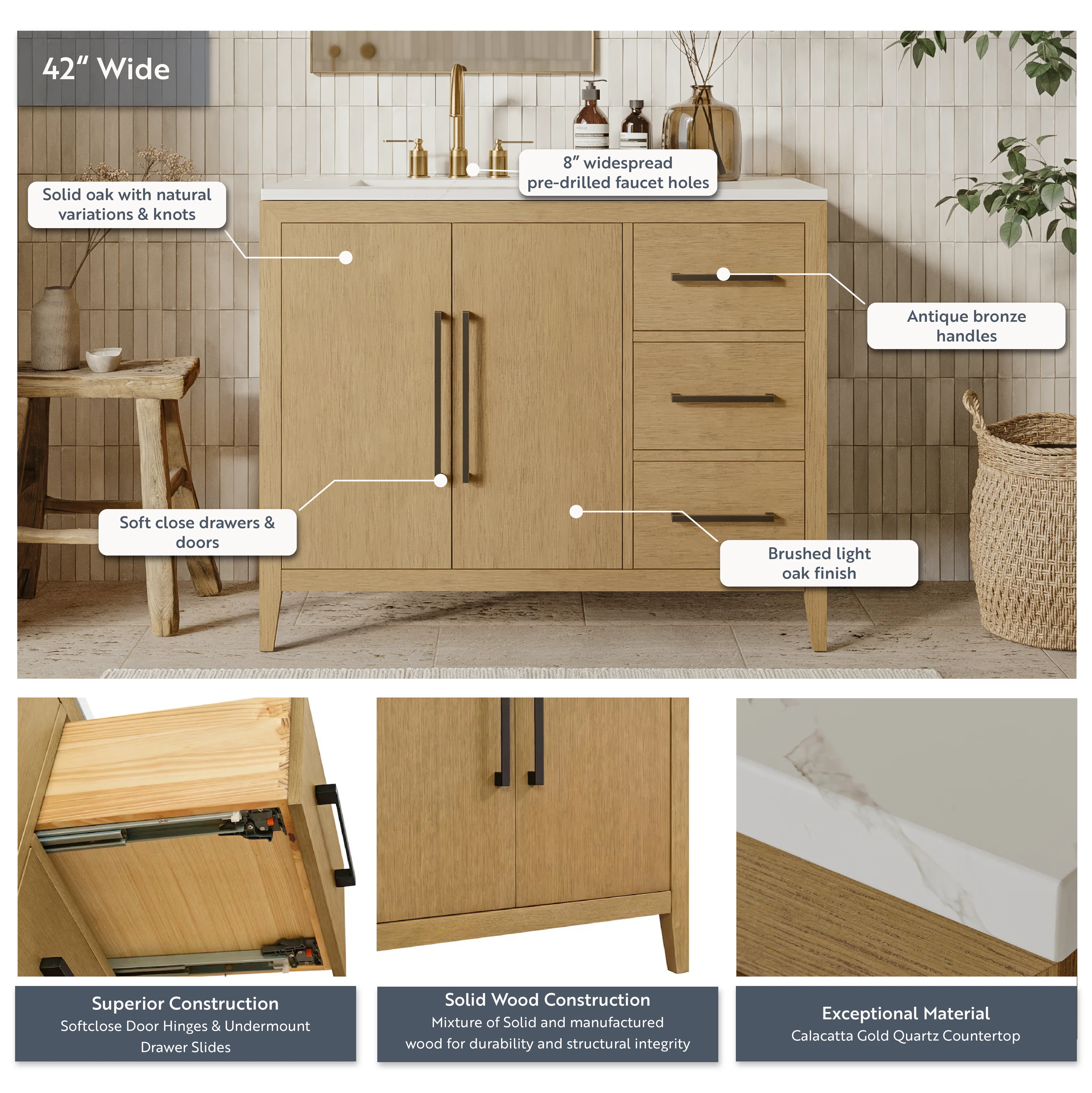 Bergen 42'' Single Bathroom Vanity | Calacatta Gold Quartz Top - Image 4