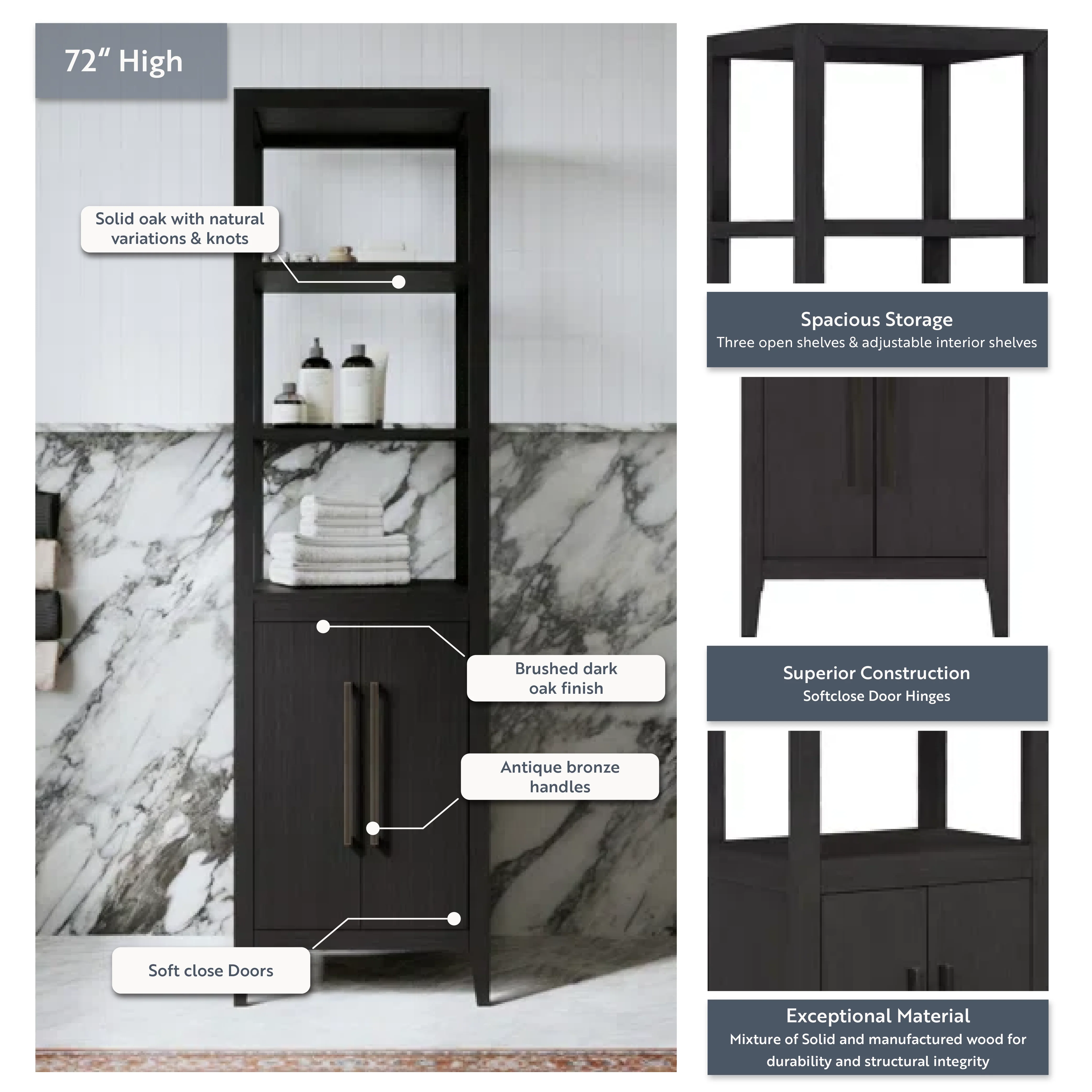 Bergen Solid Wood Freestanding Linen Cabinet In Wire Brushed Dark Oak - Image 4