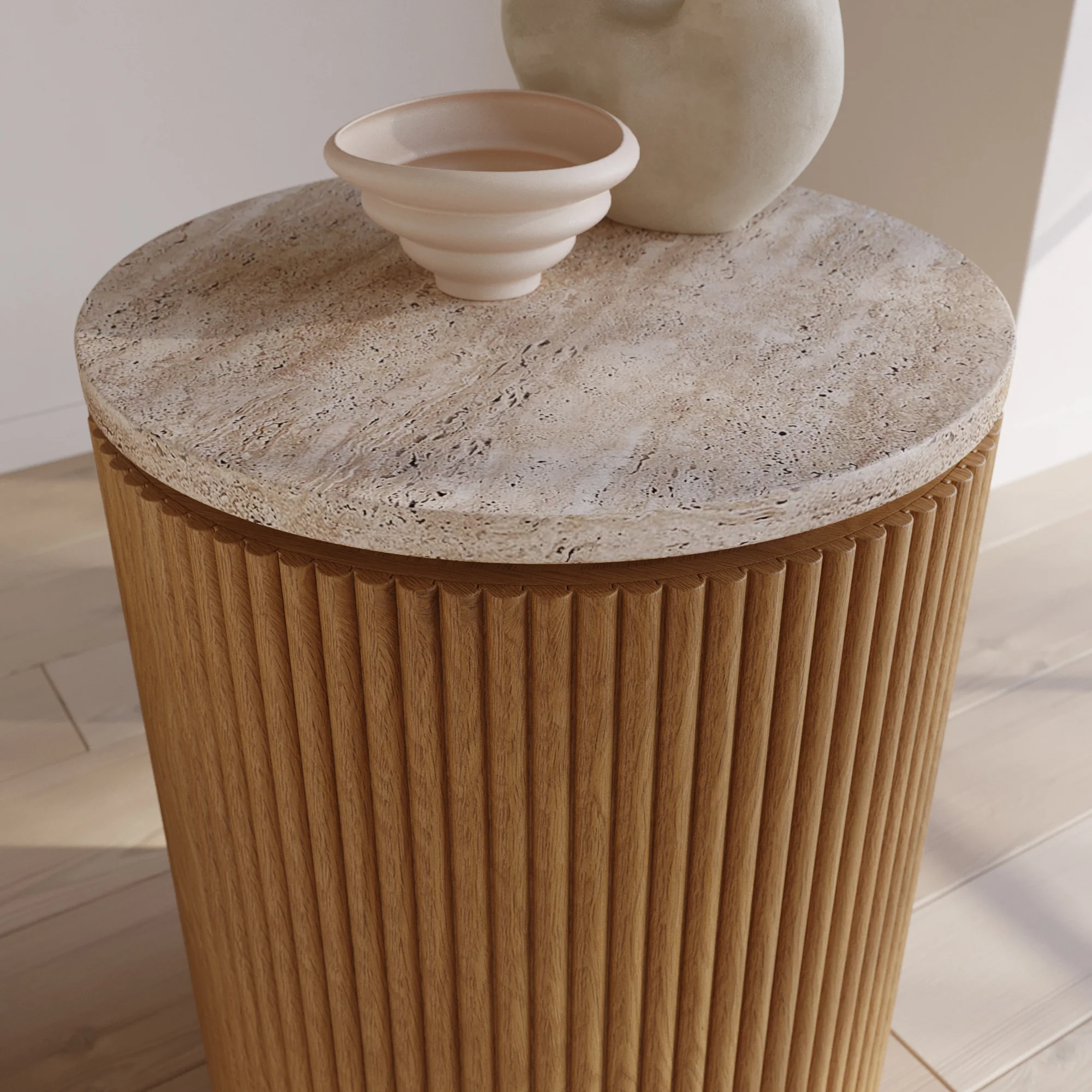 Aster 16" Reeded Side Table | Travertine Top - Image 4