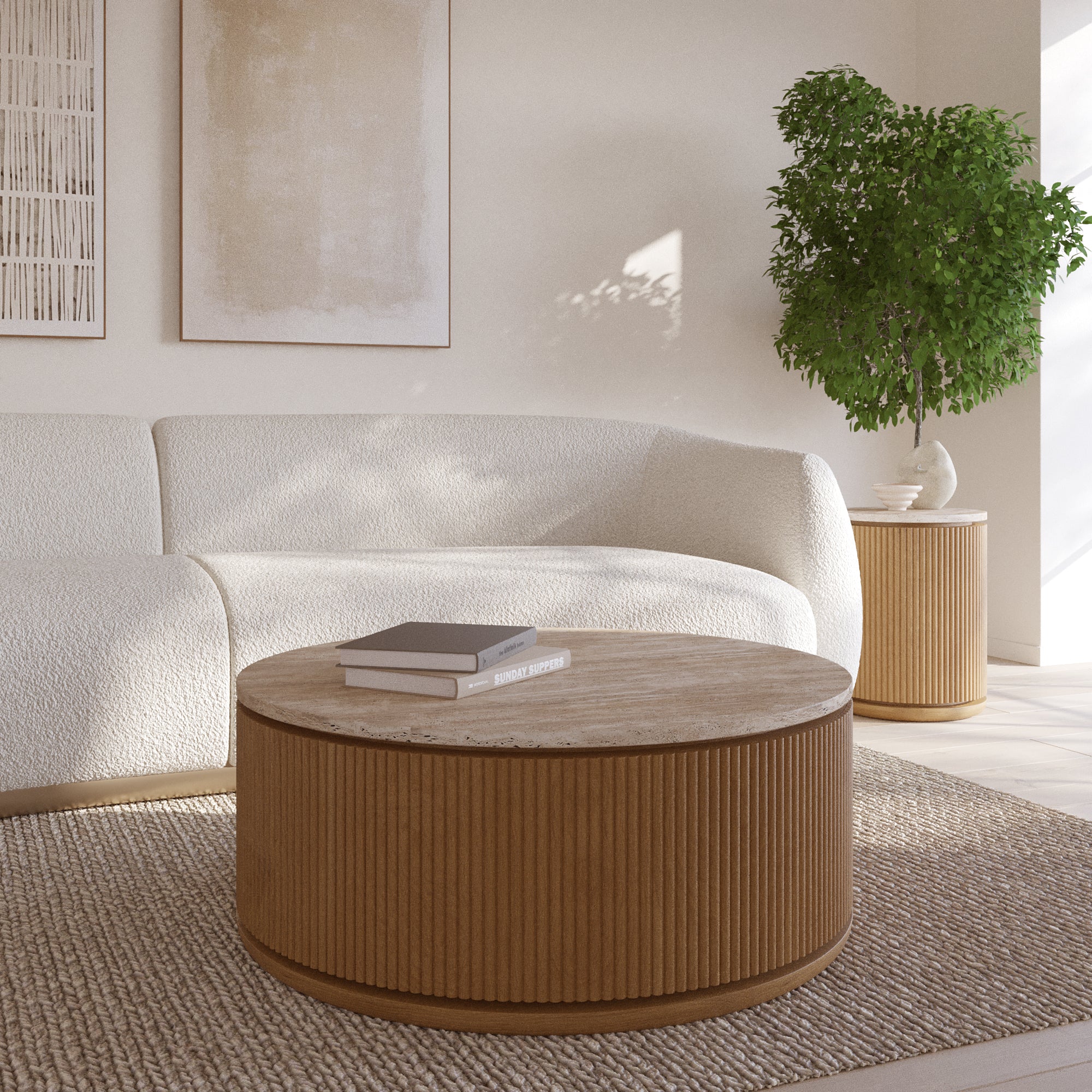 Aster 36" Round Reeded Coffee Table | Travertine Top - Image 7