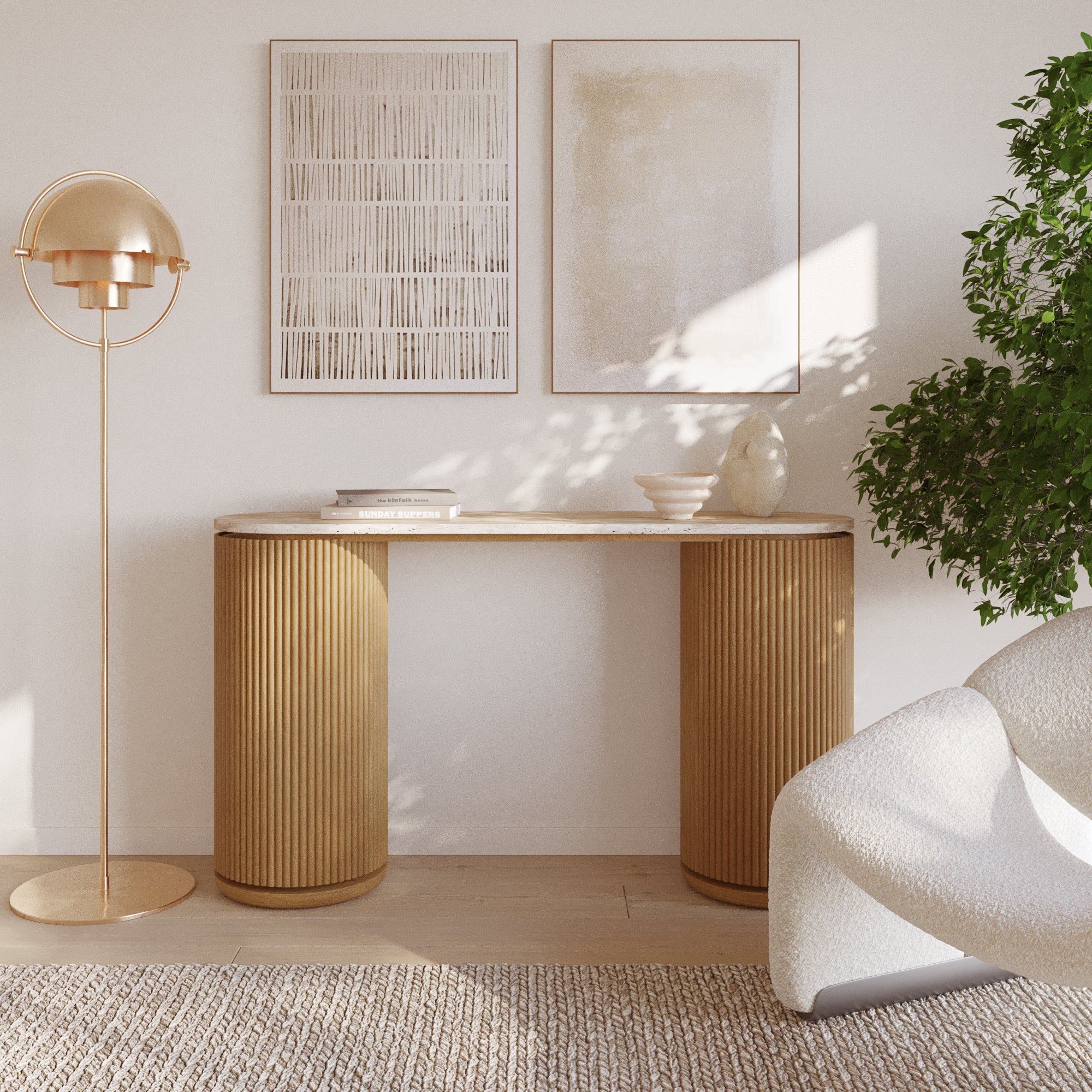 Aster 52" Reeded Console Table With Travertine Top - Image 15