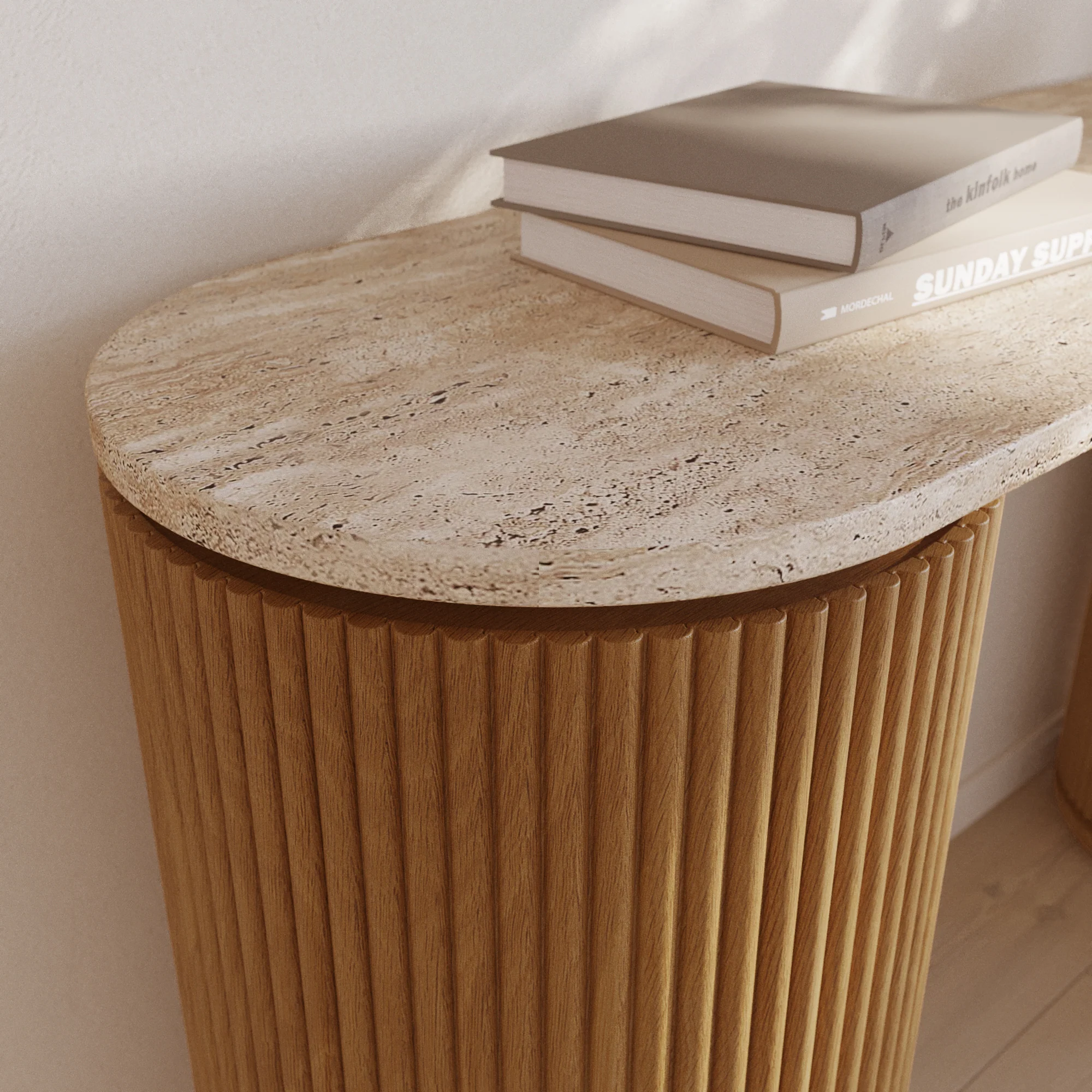 Aster 52" Reeded Console Table With Travertine Top - Image 9