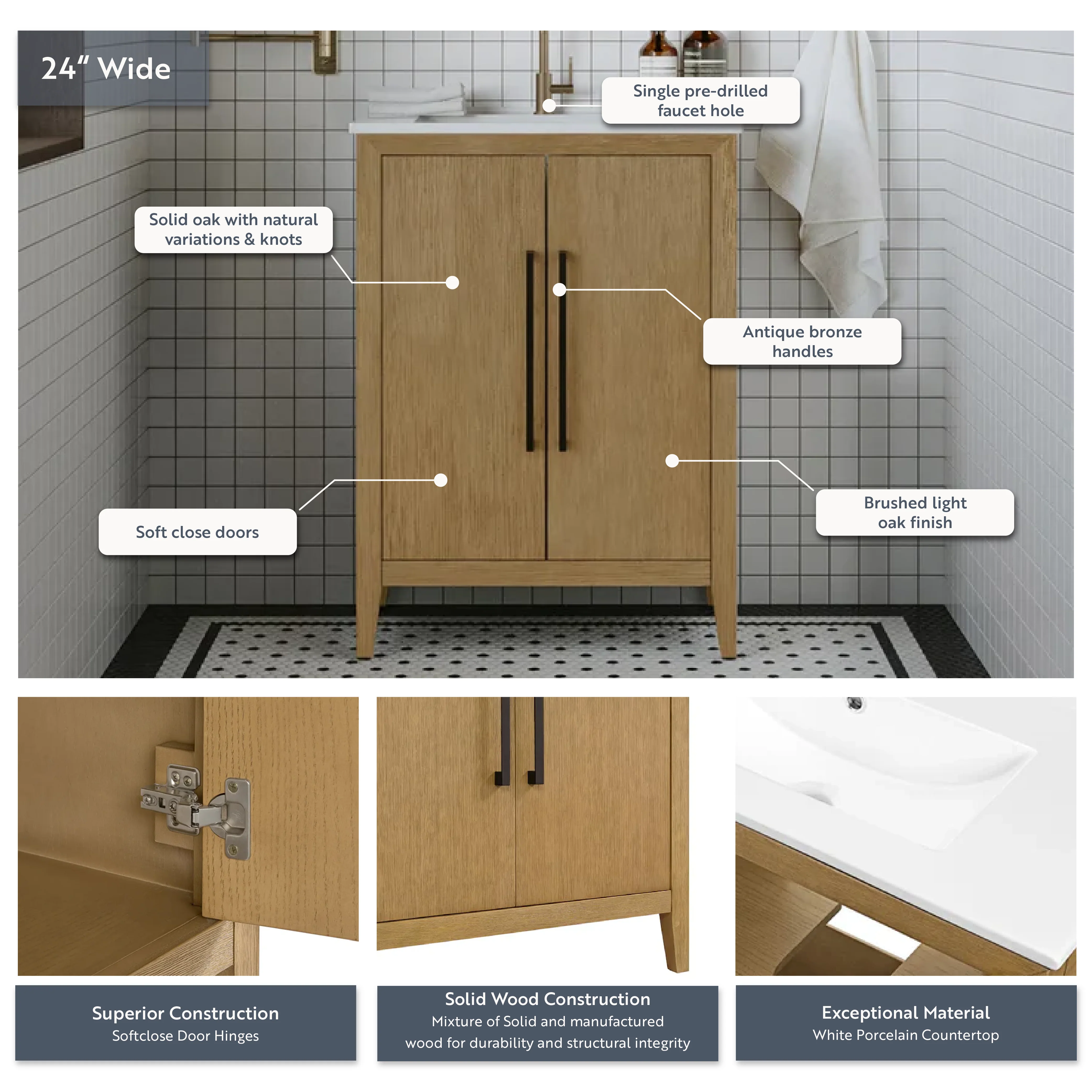 Bergen 24"W x 14"D Single Bathroom Vanity | White Porcelain Countertop - Image 4