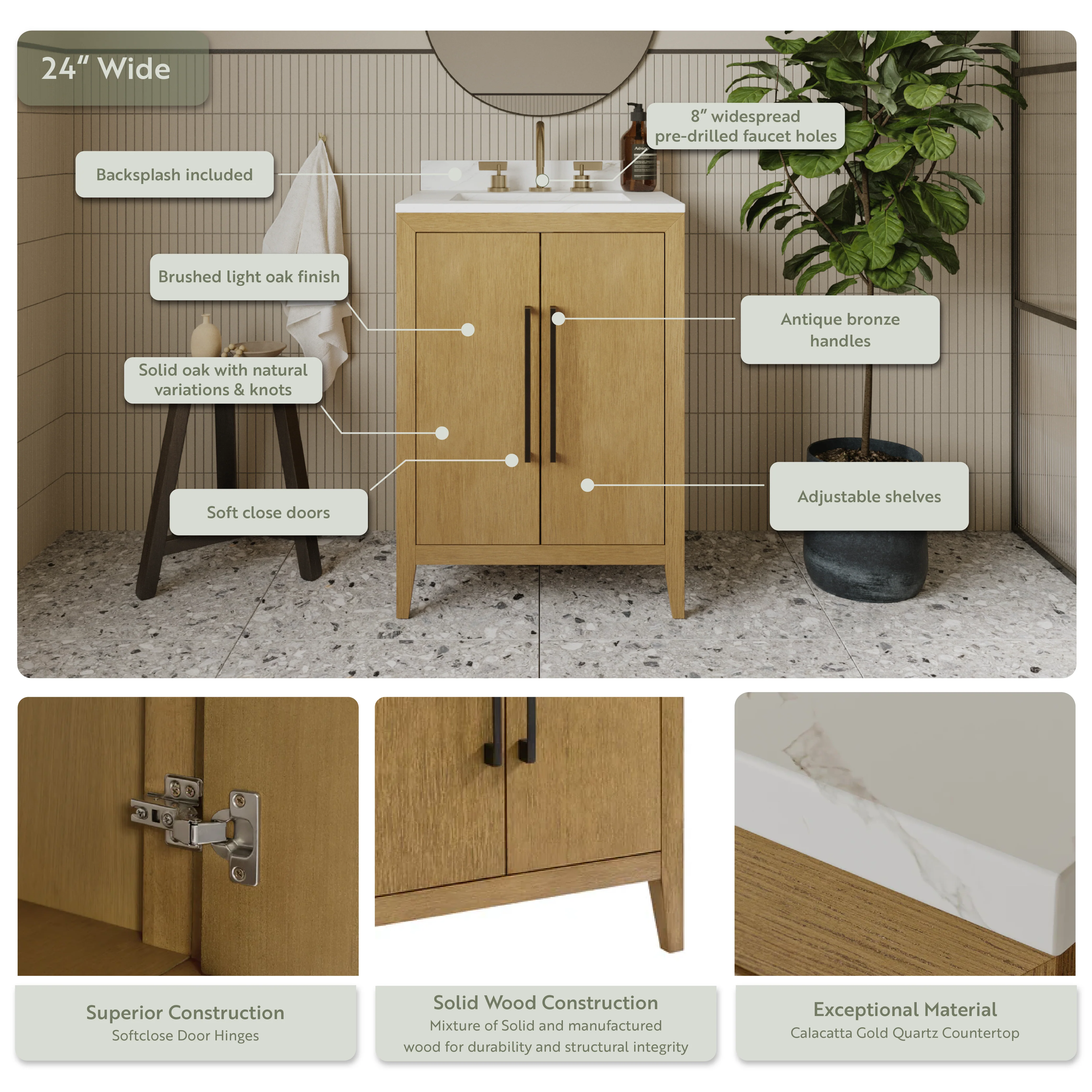 Bergen 24"W x 20"D RTA Single Bathroom Vanity | Calacatta Gold Quartz Countertop - Image 4