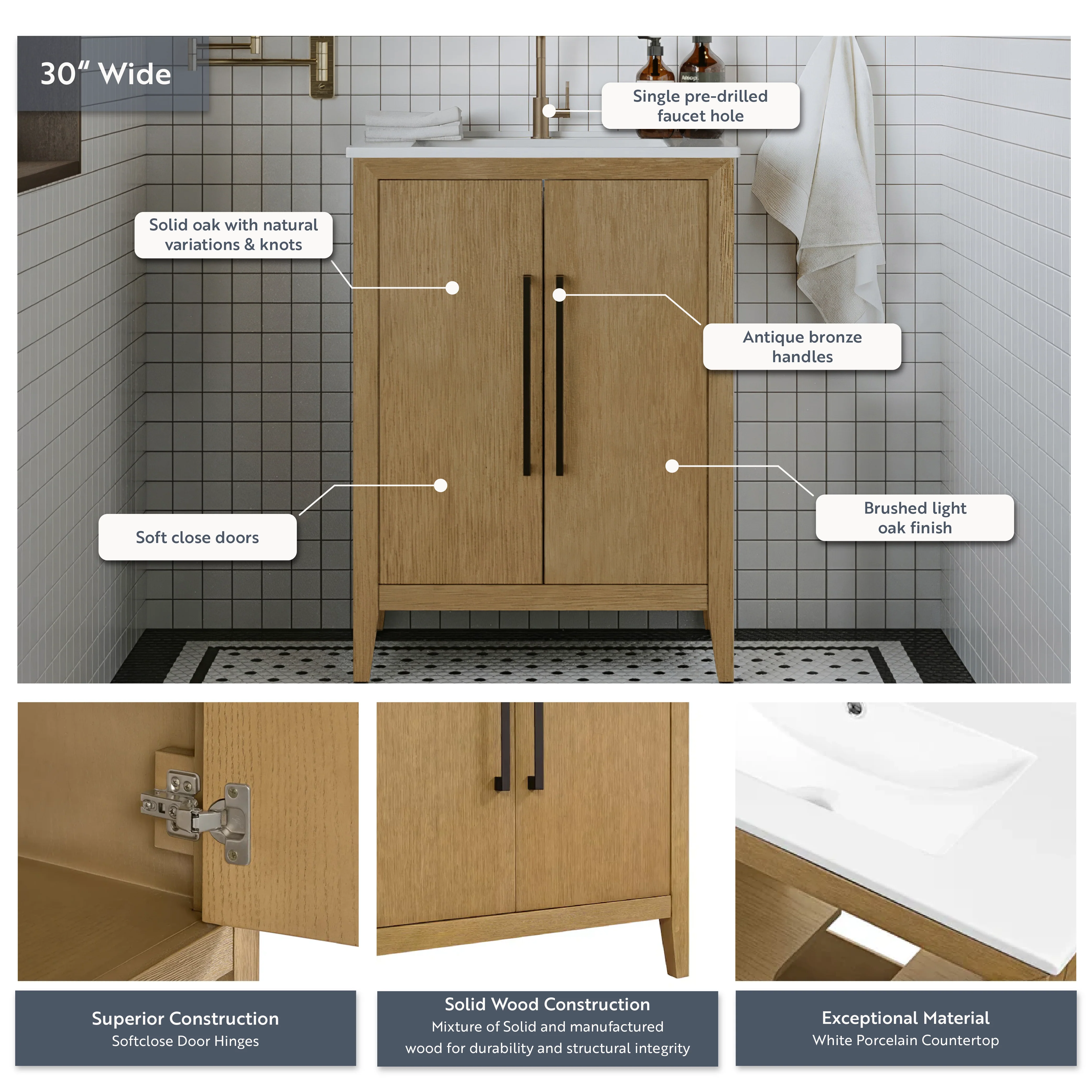Bergen 30"W x 14"D Single Bathroom Vanity | White Porcelain Countertop - Image 4