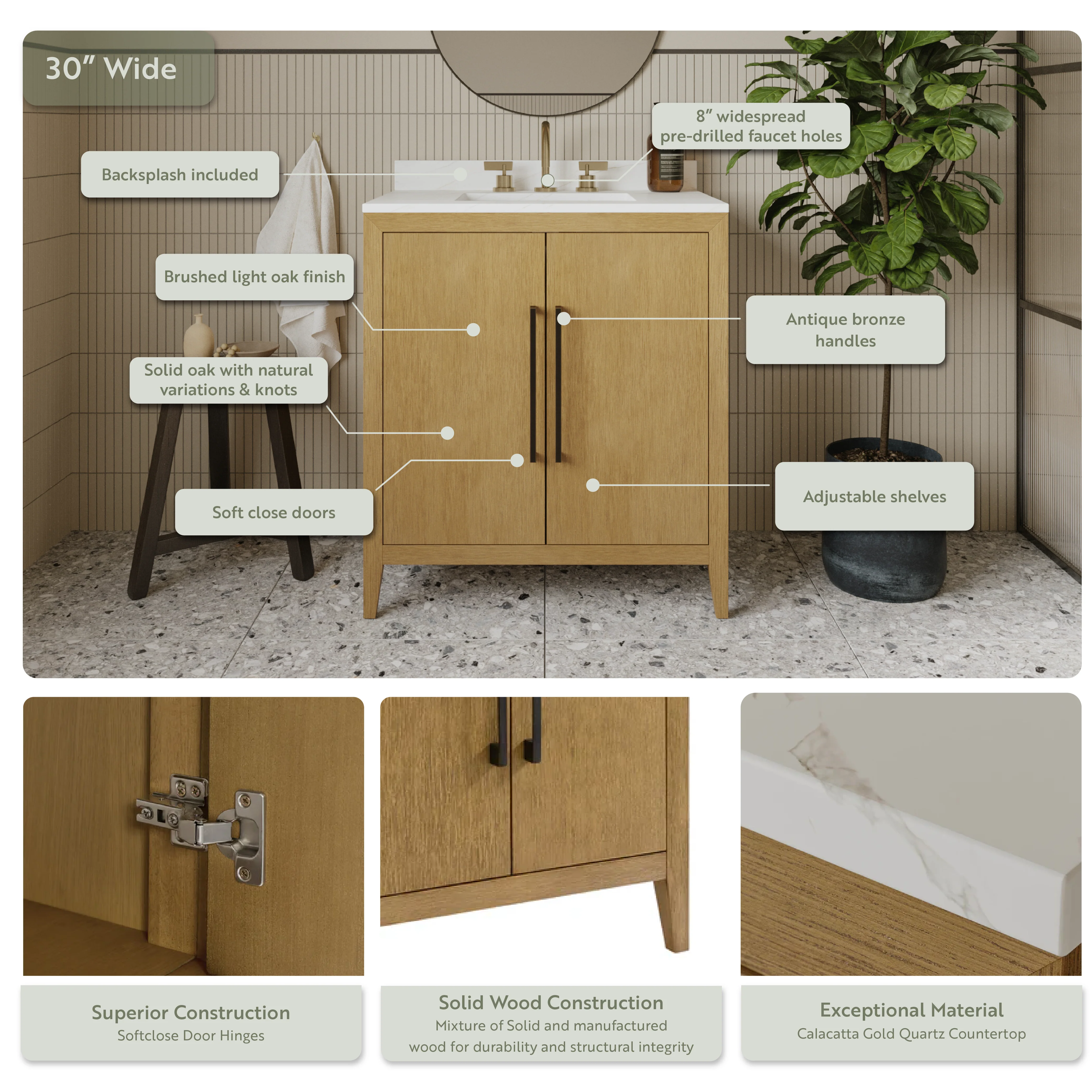 Bergen 30"W x 20"D Single Bathroom Vanity | Calacatta Gold Quartz Countertop - Image 4