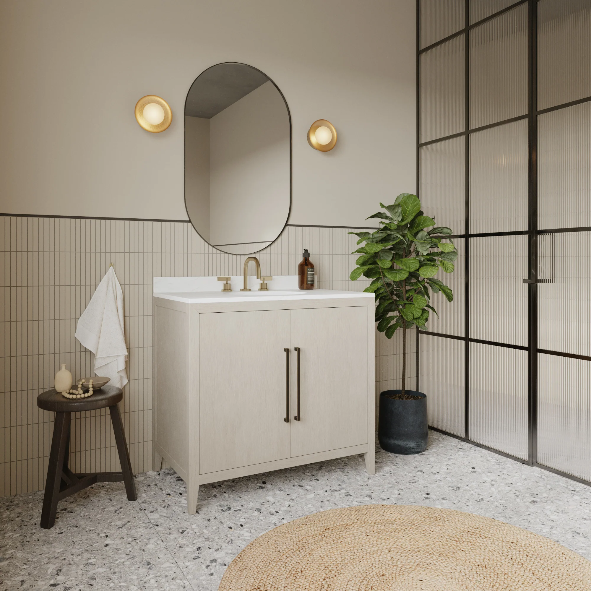 Bergen 36" Single Bathroom Vanity | Enhanced White Oak | Calacatta Gold Quartz - Image 2