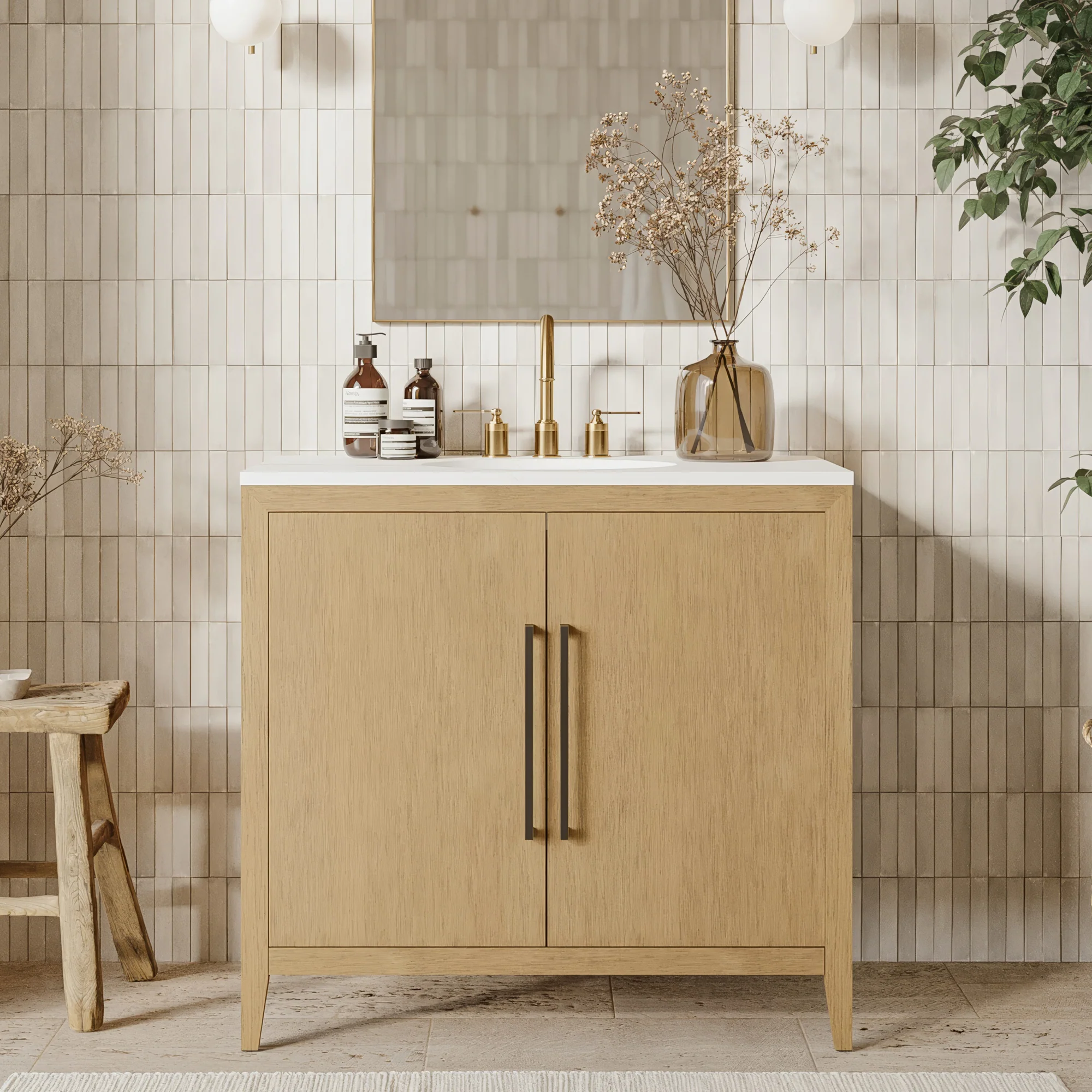 Bergen 36" Single Bathroom Vanity in Brushed Oak | Calacatta Gold Quartz Countertop