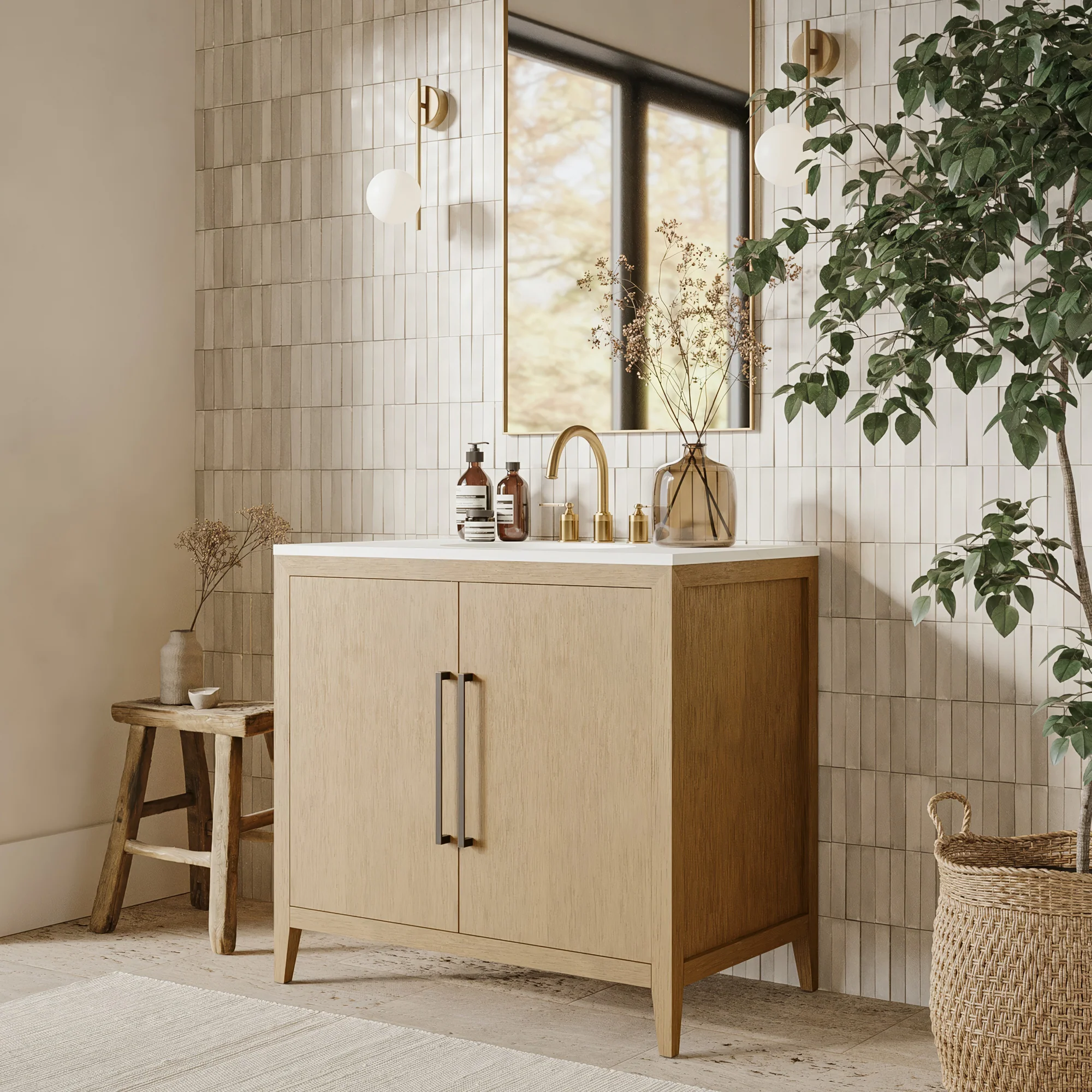 Bergen 36" Single Bathroom Vanity in Brushed Oak | Calacatta Gold Quartz Countertop - Image 2
