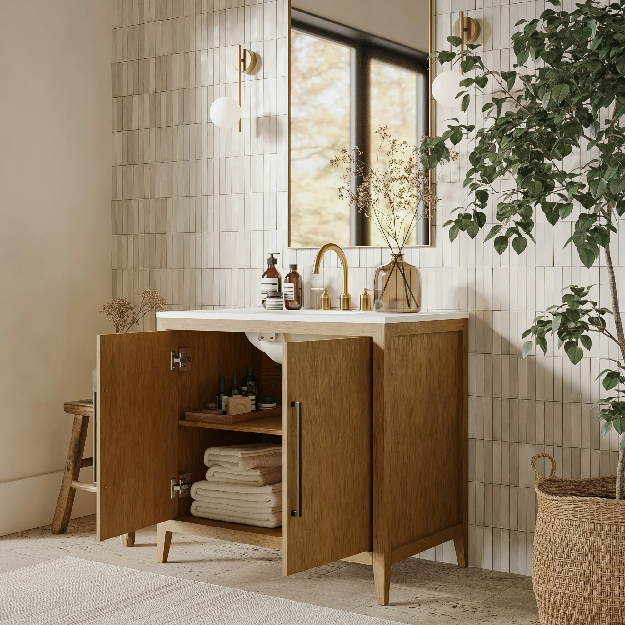 Bergen 36" Single Bathroom Vanity in Brushed Oak | Calacatta Gold Quartz Countertop - Image 3