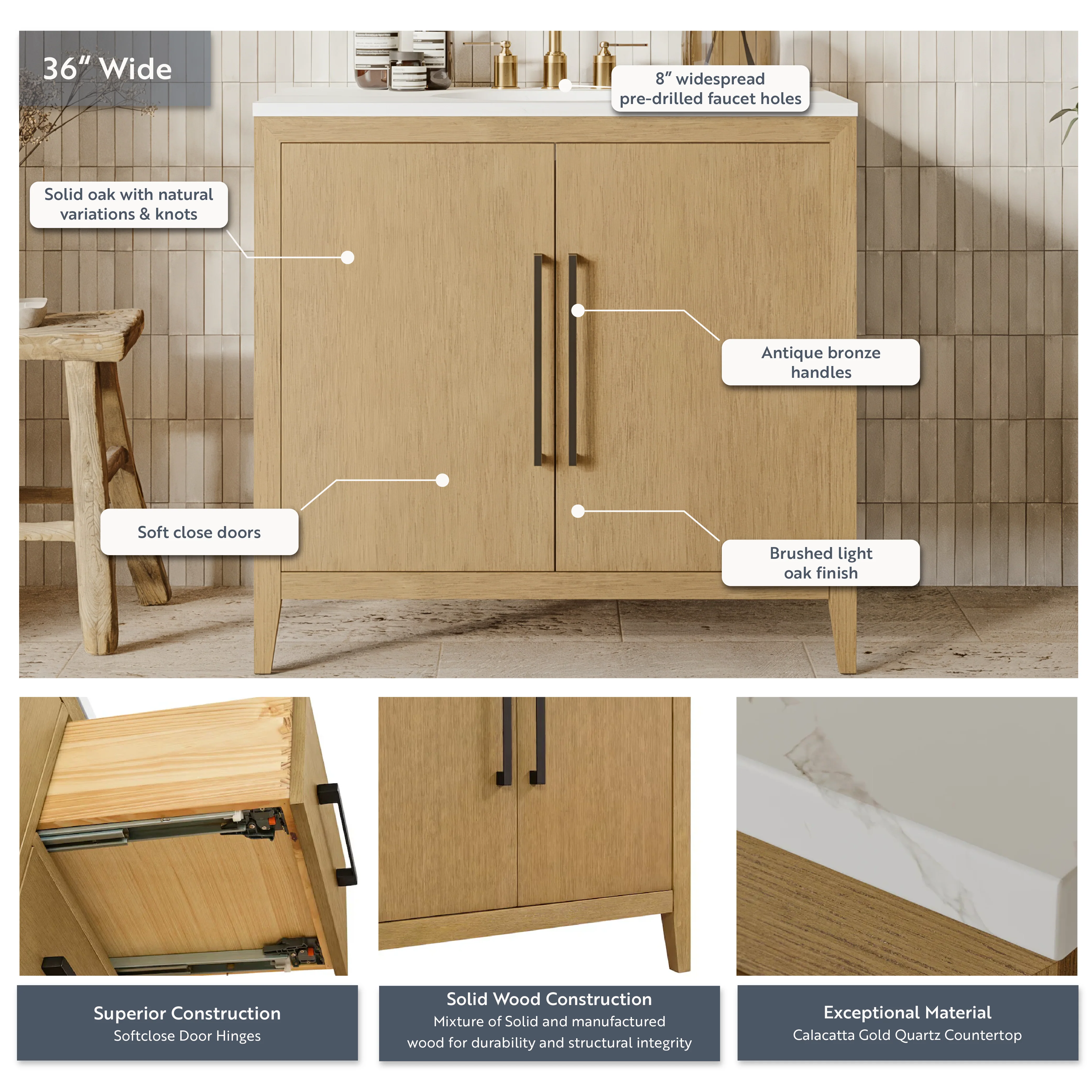Bergen 36" Single Bathroom Vanity in Brushed Oak | Calacatta Gold Quartz Countertop - Image 4