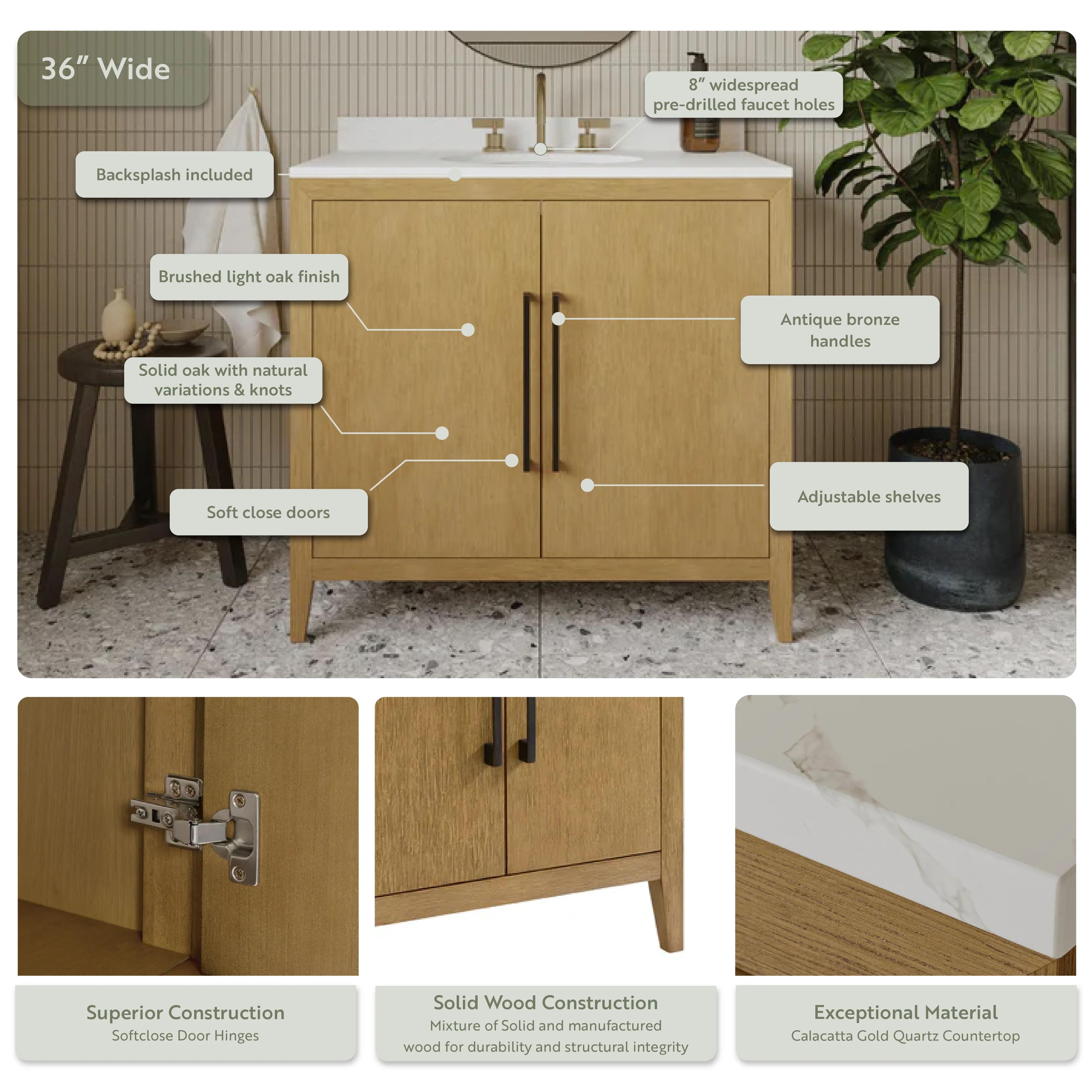 Bergen 36"W x 22"D  Single Bathroom Vanity | Calacatta Gold Quartz Countertop - Image 4