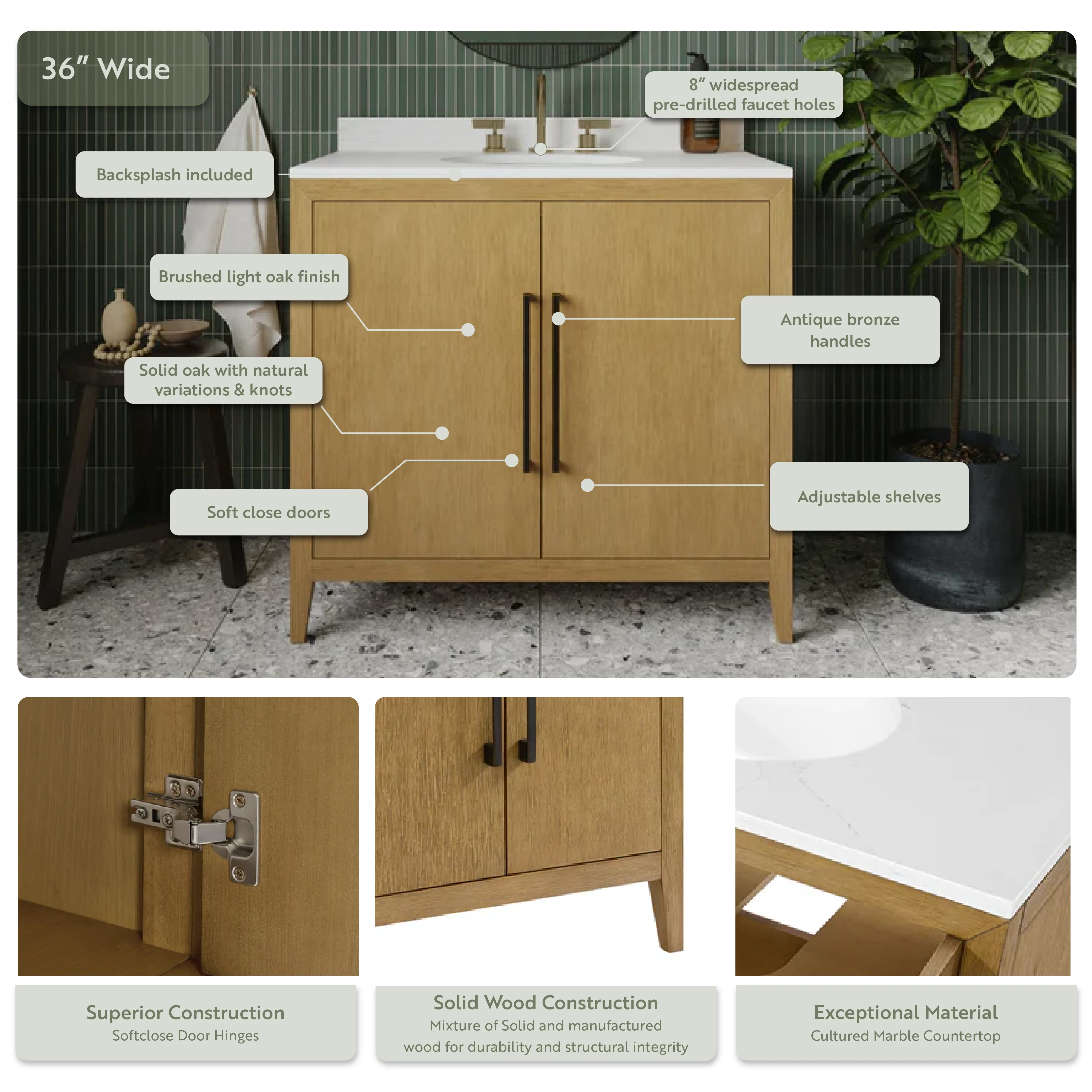 Bergen 36"W x 22"D  Single Bathroom Vanity | Cultured Marble Countertop - Image 4