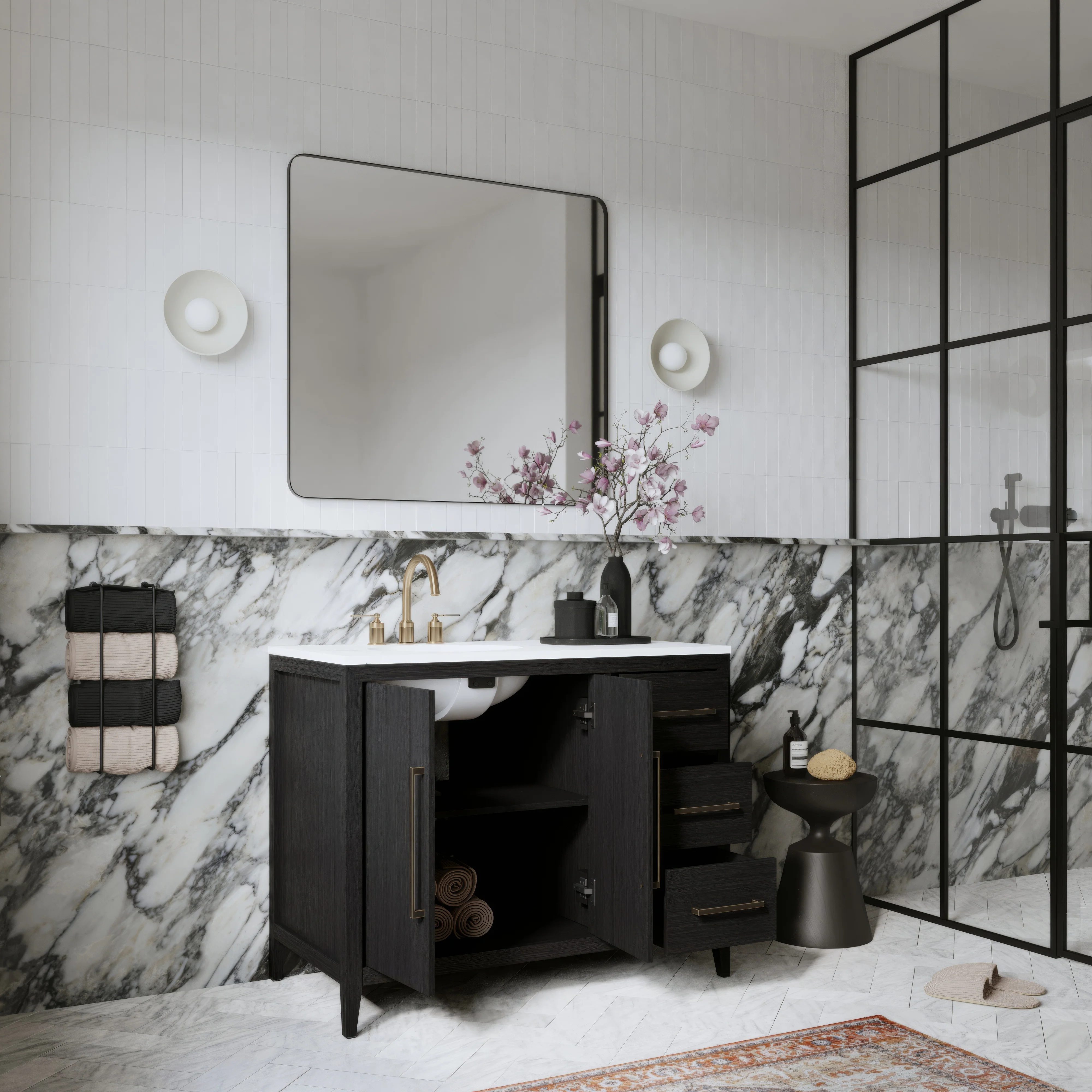 Bergen 42" Single Bathroom Vanity in Dark Weathered Oak | Calacatta Gold Quartz Countertop - Image 3