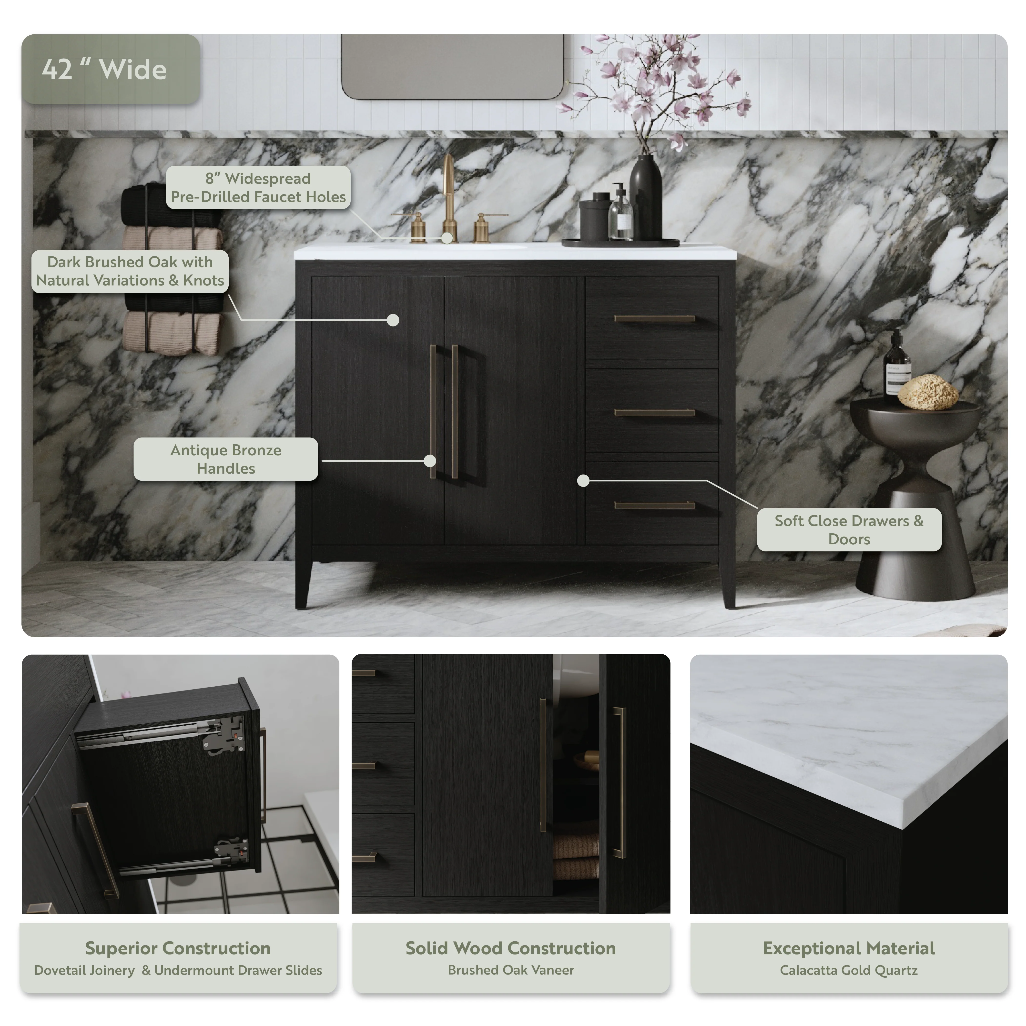 Bergen 42" Single Bathroom Vanity in Dark Weathered Oak | Calacatta Gold Quartz Countertop - Image 4
