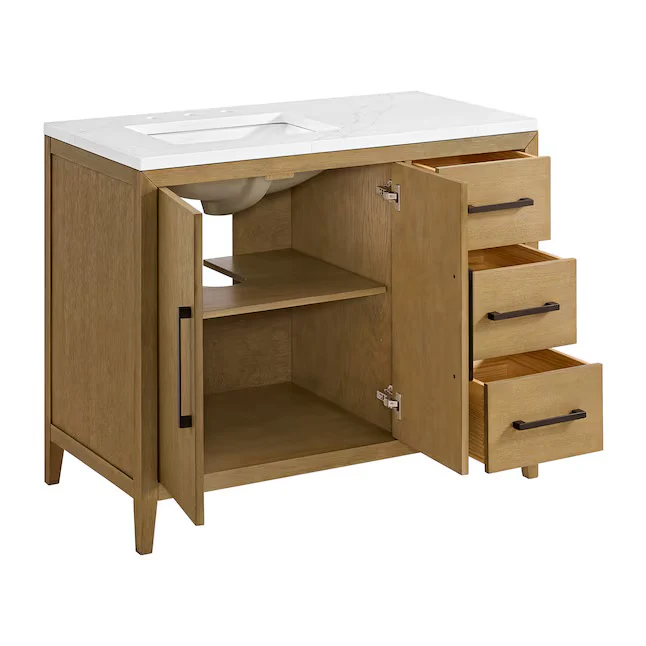 Bergen 42" Single Bathroom Vanity in Wire Brushed Oak | White Statuario Quartz Countertop - Image 3