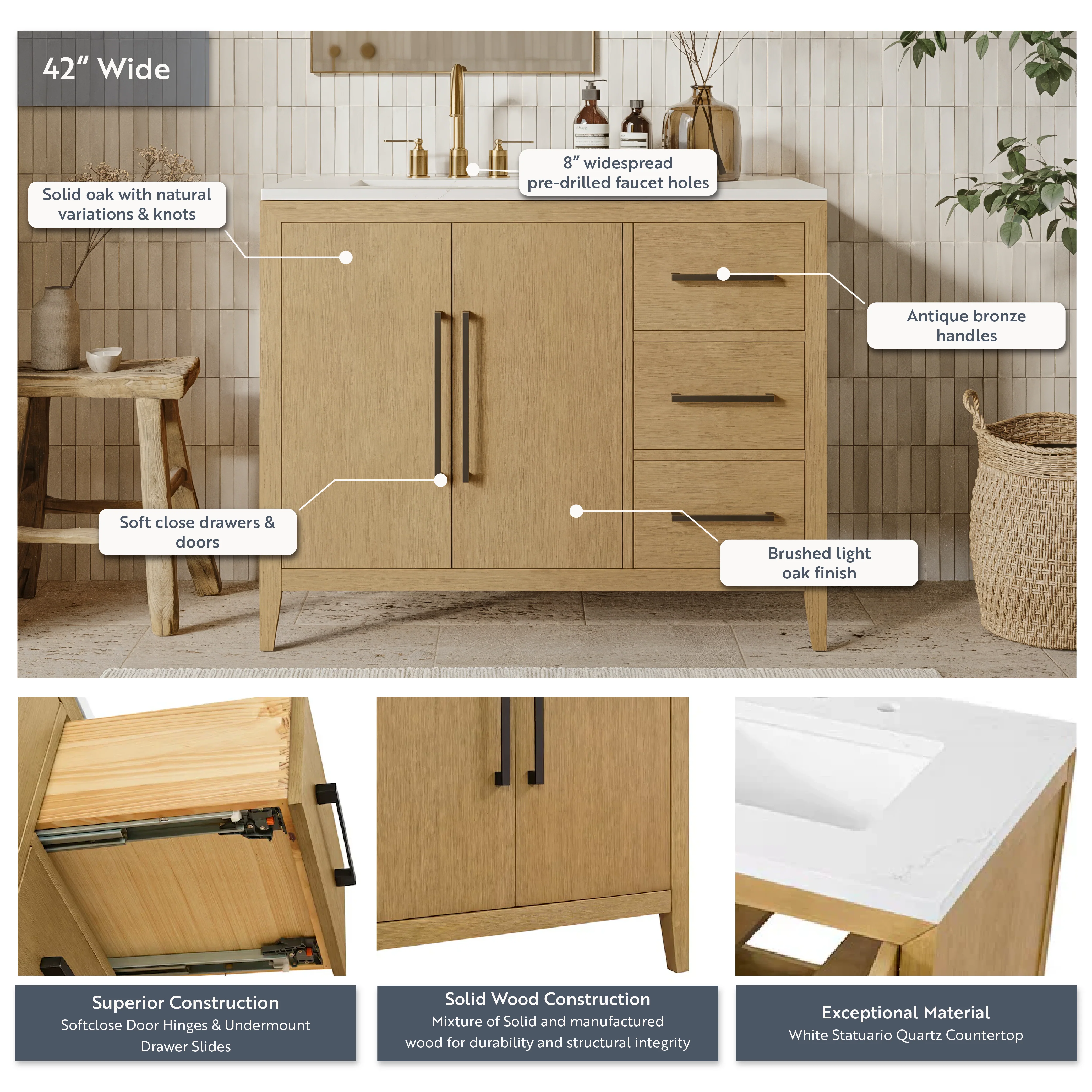 Bergen 42" Single Bathroom Vanity in Wire Brushed Oak | White Statuario Quartz Countertop - Image 4
