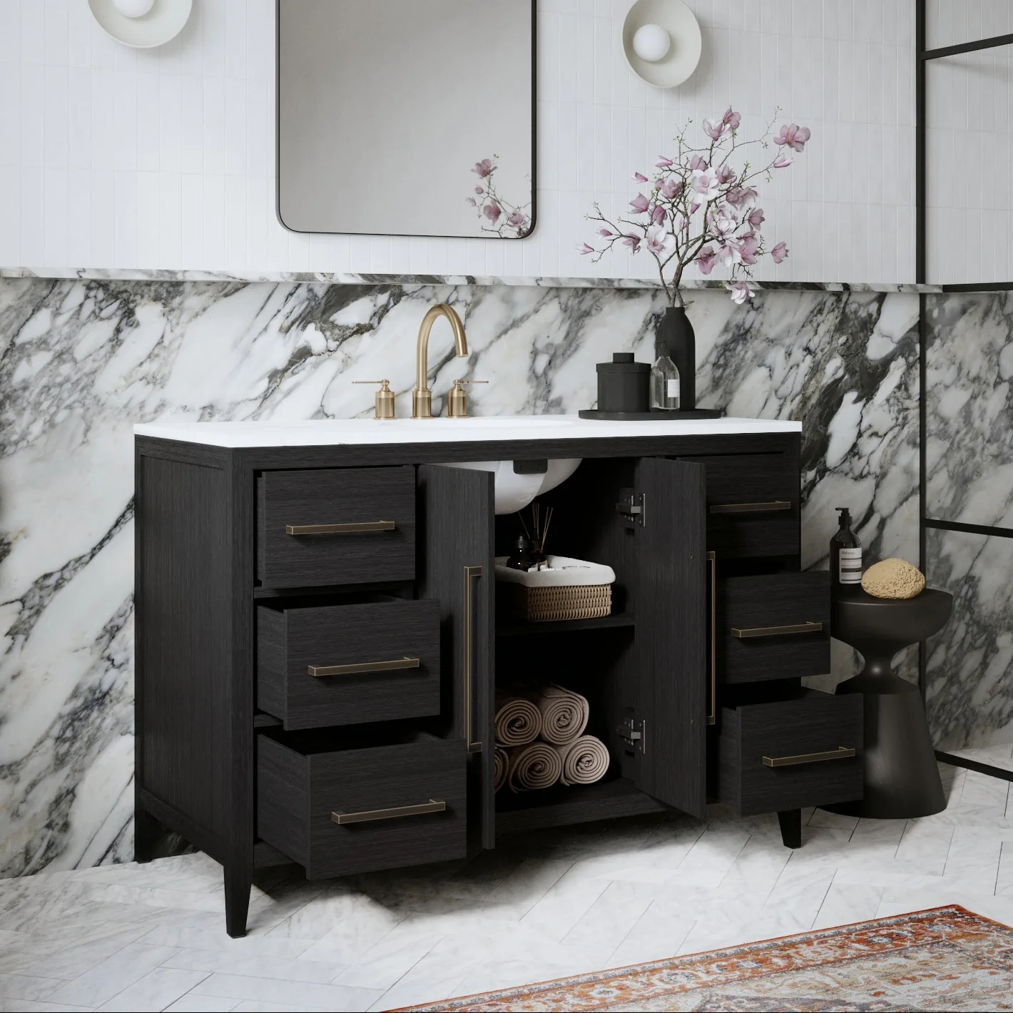 Bergen 48" Single Bathroom Vanity in Dark Weathered Oak | Calacatta Gold Quartz Countertop - Image 3