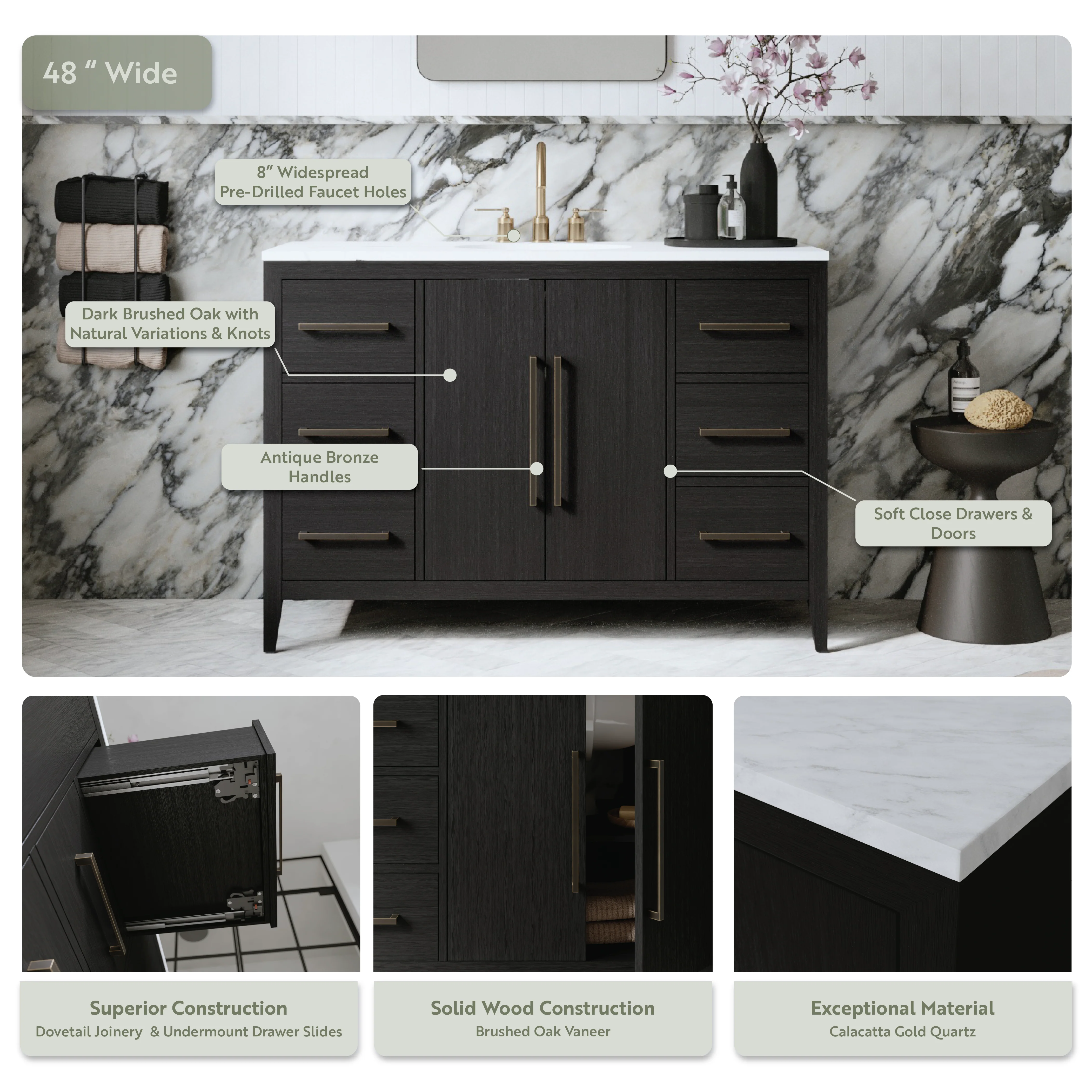 Bergen 48" Single Bathroom Vanity in Dark Weathered Oak | Calacatta Gold Quartz Countertop - Image 4
