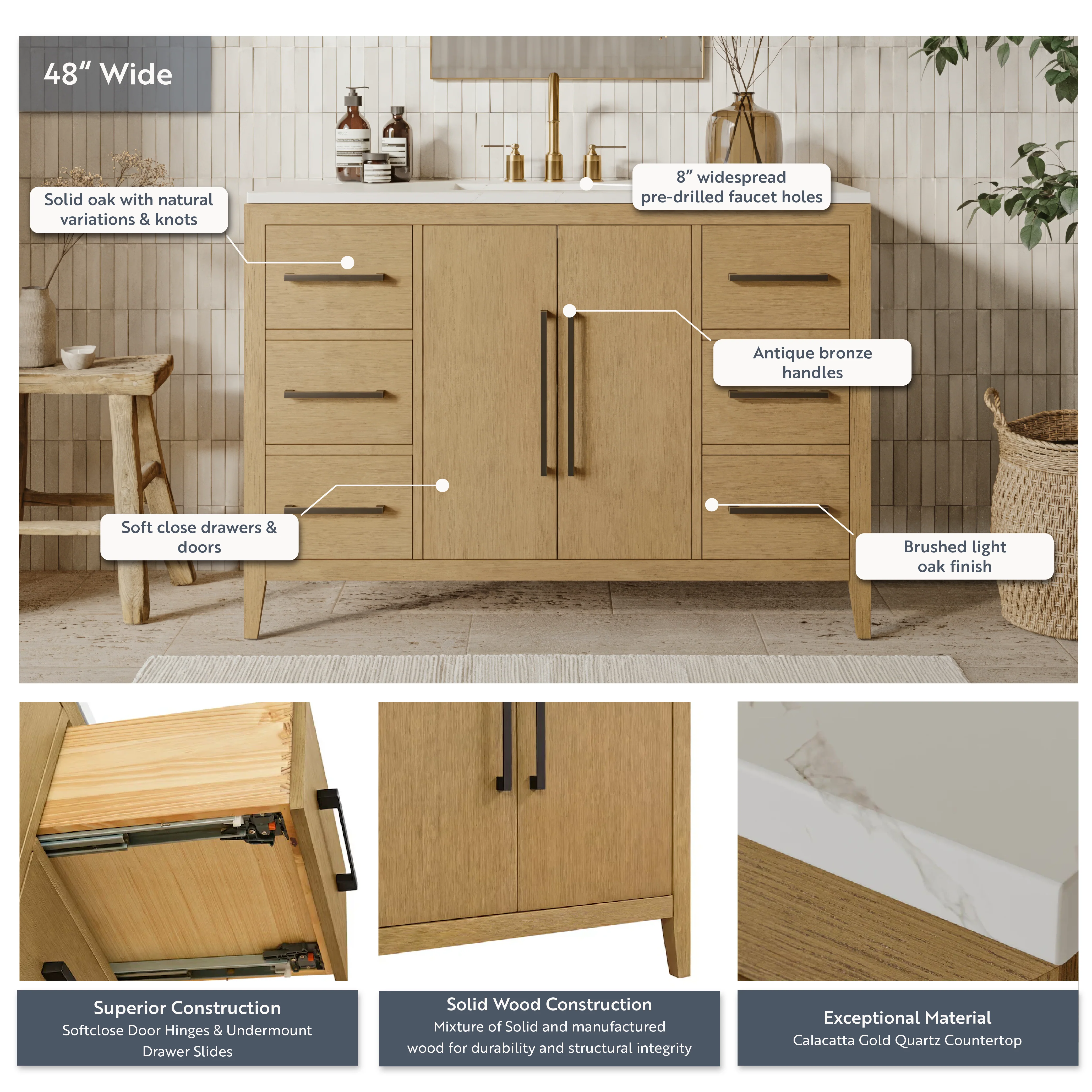 Bergen 48'' Single Bathroom Vanity | Calacatta Quartz Top - Image 4