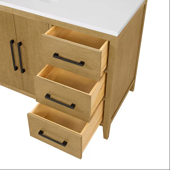 Bergen 48" Single Bathroom Vanity in Wire Brushed Oak | White Statuario Quartz Countertop - Image 6