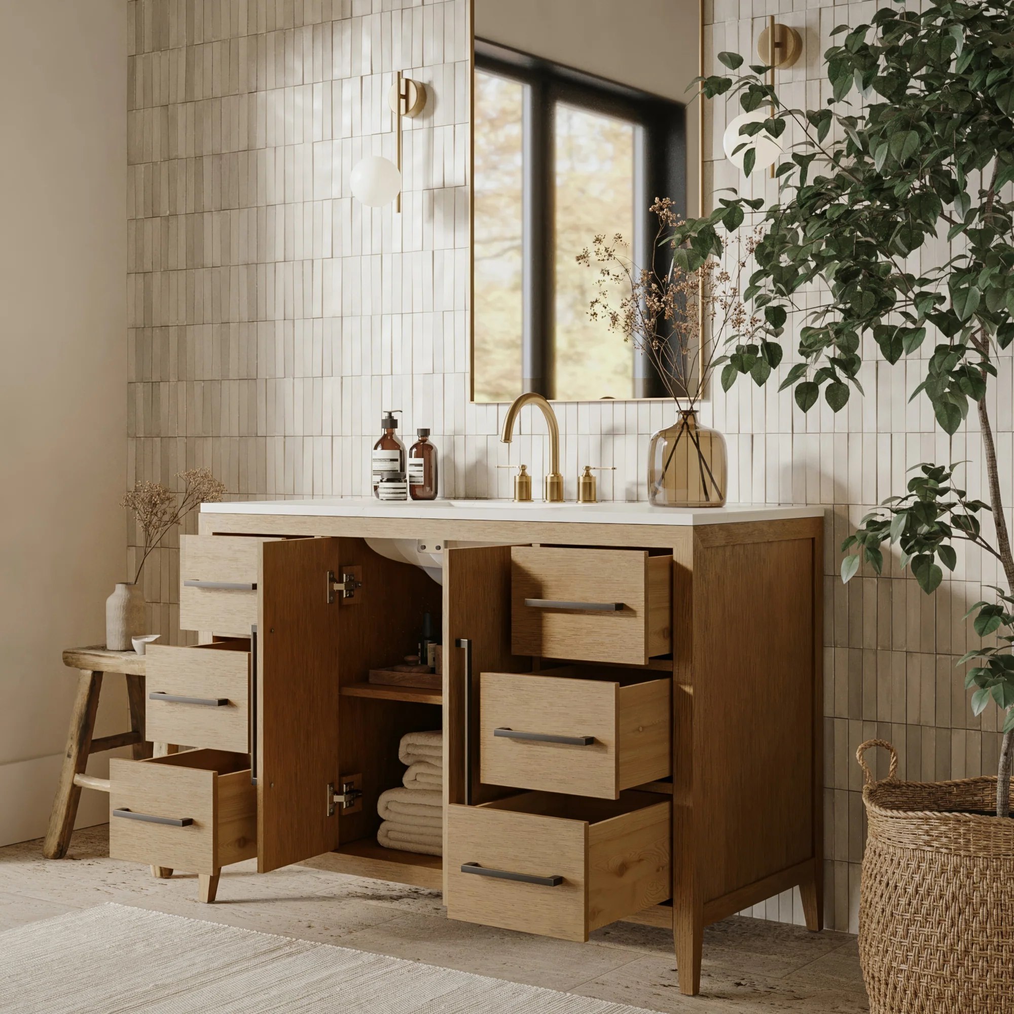 Bergen 48" Single Bathroom Vanity in Wire Brushed Oak | White Statuario Quartz Countertop - Image 3