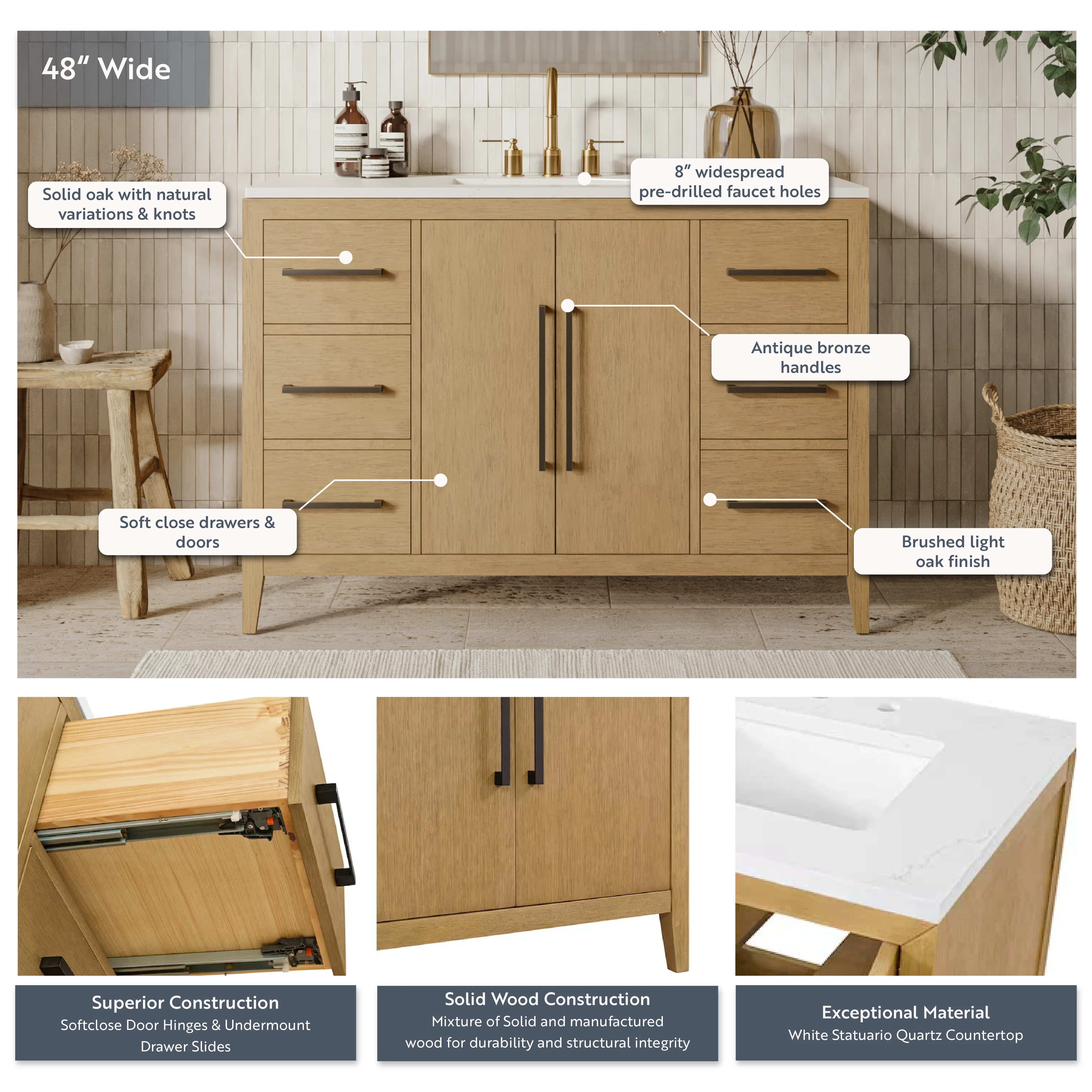 Bergen 48" Single Bathroom Vanity in Wire Brushed Oak | White Statuario Quartz Countertop - Image 4