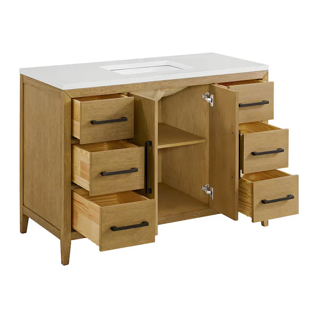 Bergen 48" Single Bathroom Vanity in Wire Brushed Oak | White Statuario Quartz Countertop - Image 7