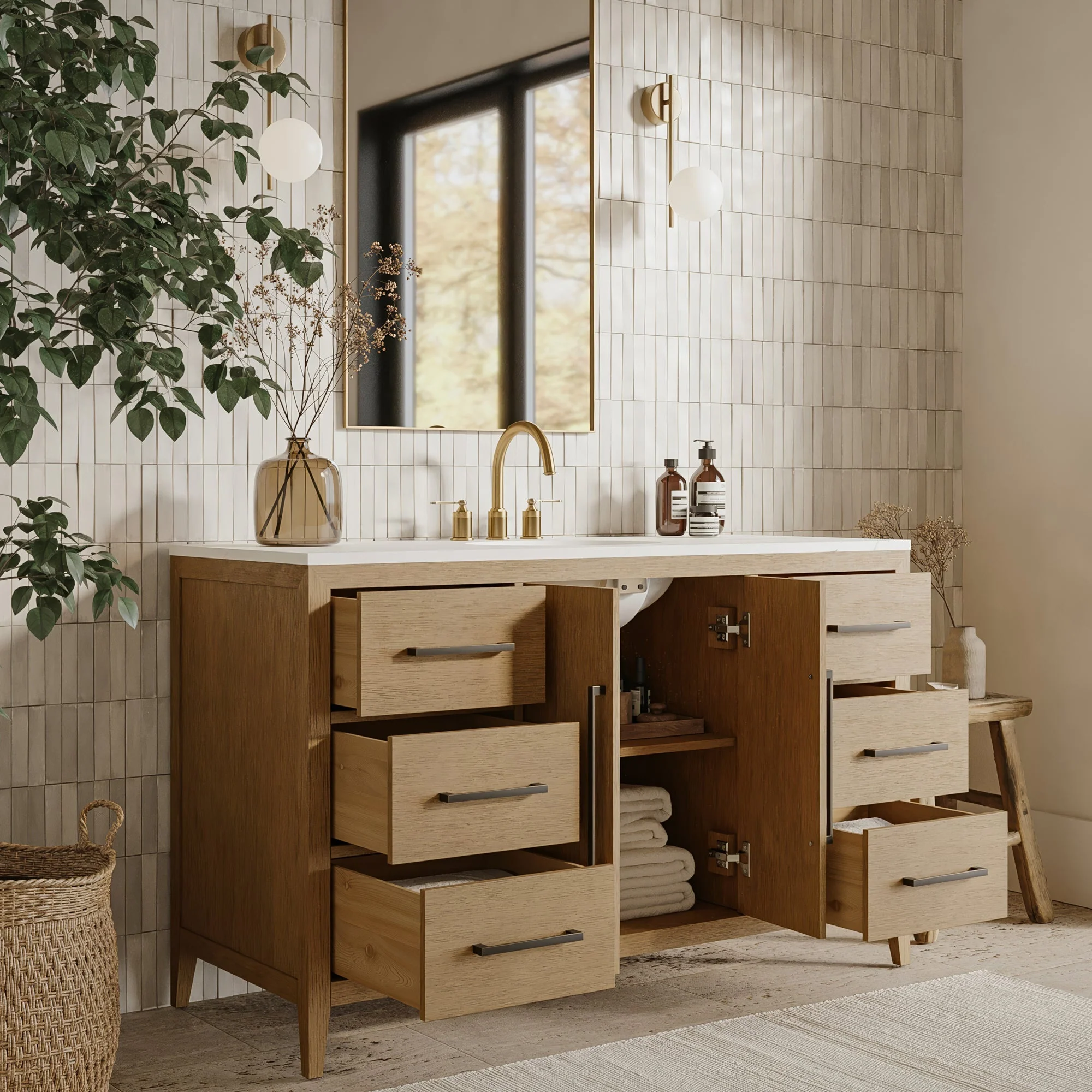 Bergen 54" Single Bathroom Vanity in Brushed Oak | Calacatta Gold Quartz Countertop - Image 3