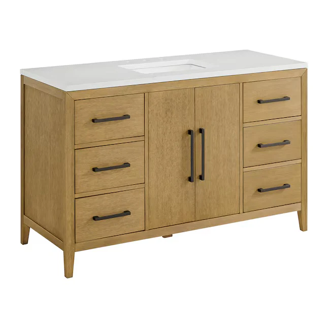 Bergen 54" Single Bathroom Vanity in Wire Brushed Oak | White Statuario Quartz Countertop - Image 13