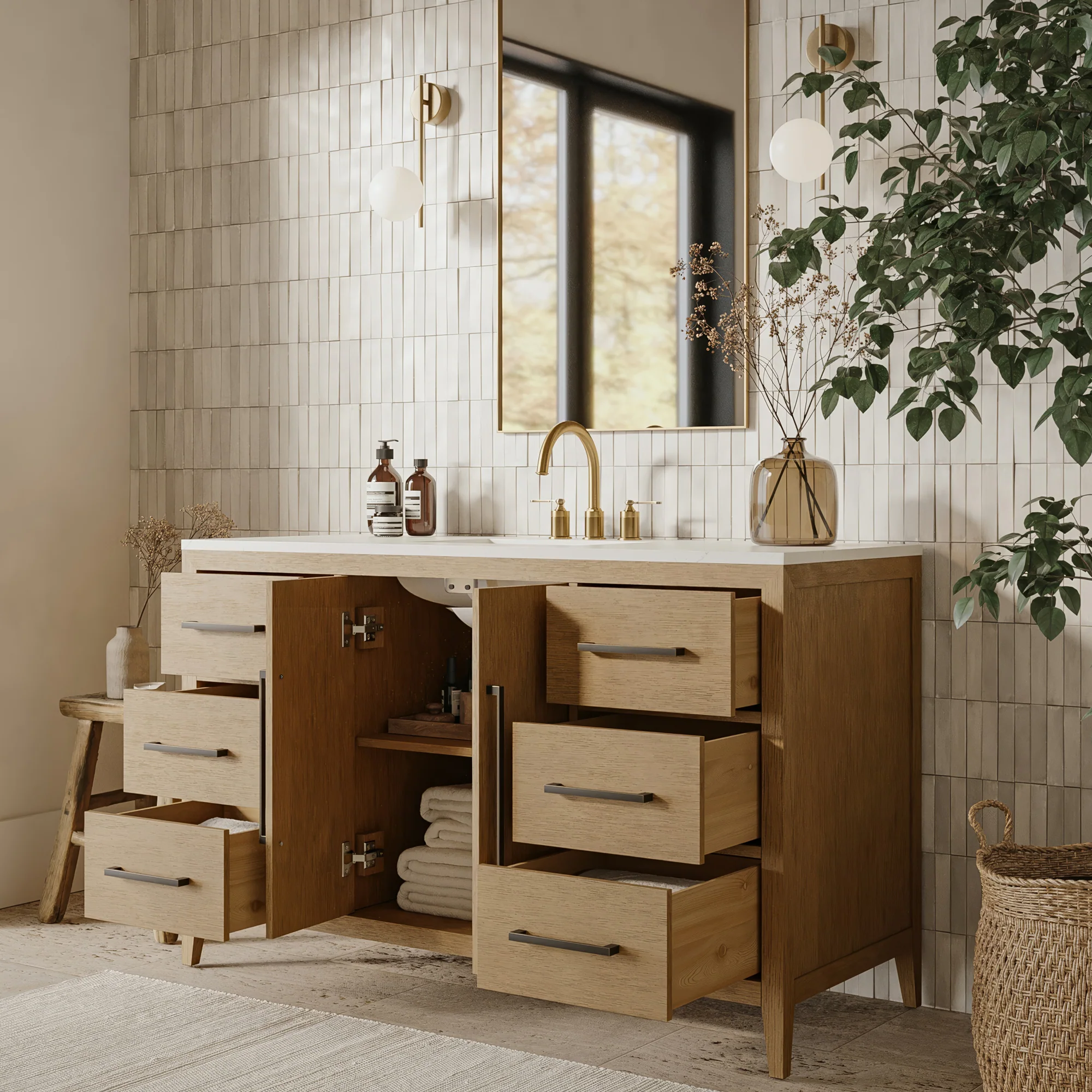 Bergen 54" Single Bathroom Vanity in Wire Brushed Oak | White Statuario Quartz Countertop - Image 3