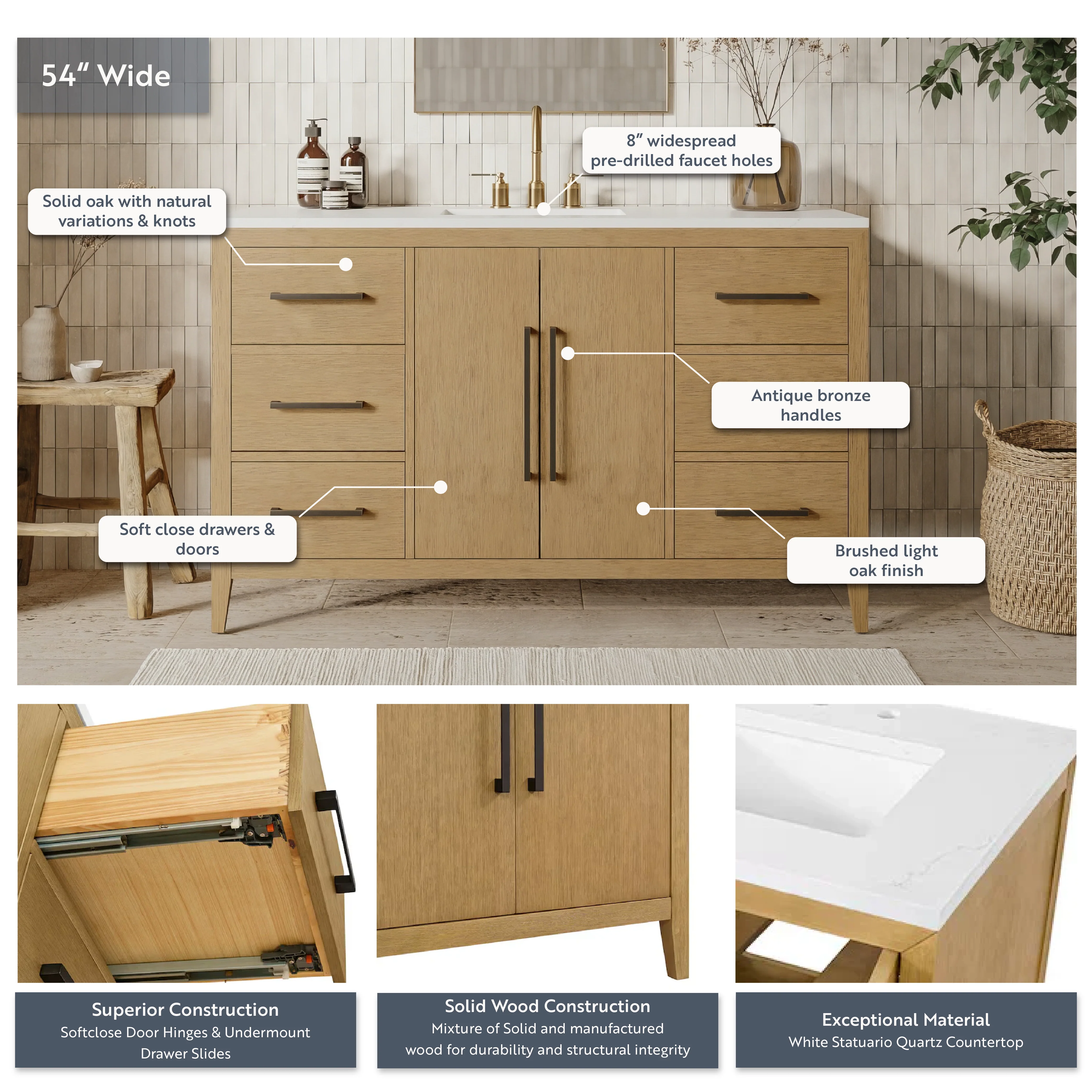 Bergen 54" Single Bathroom Vanity in Wire Brushed Oak | White Statuario Quartz Countertop - Image 4