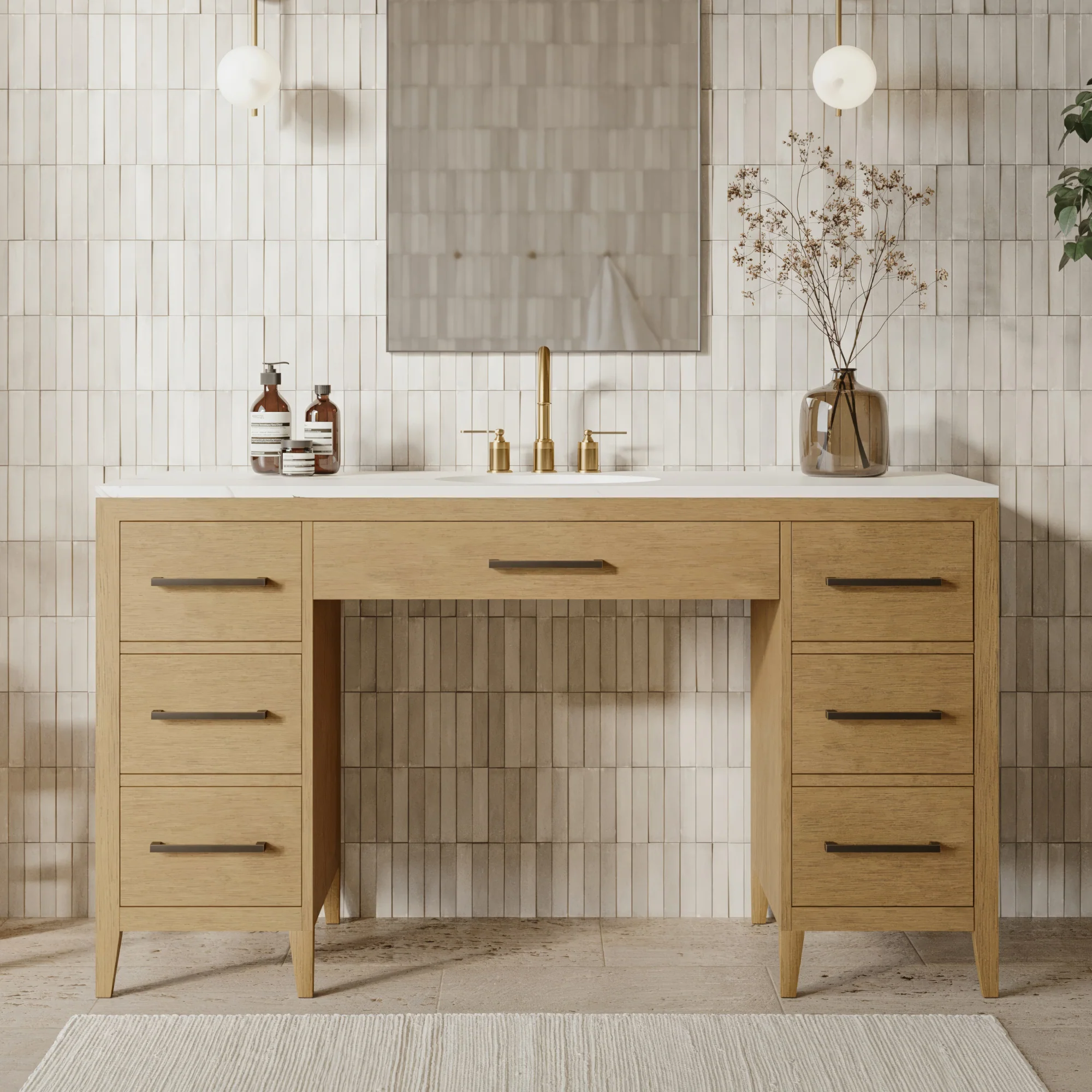 Bergen 60" ADA Single Bathroom Vanity in Brushed Oak | Statuario Quartz Countertop - Image 2
