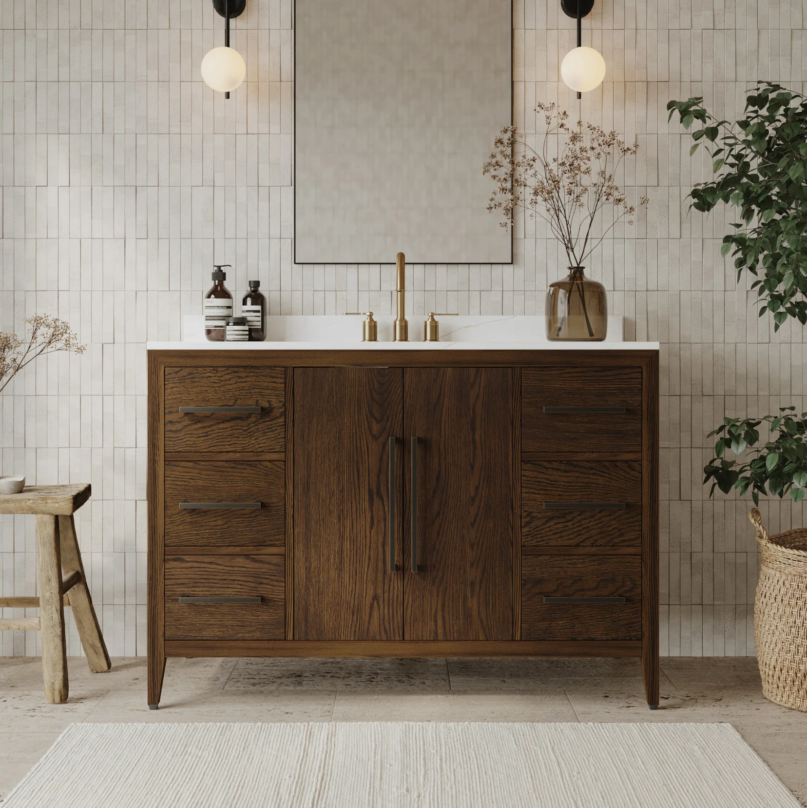Bergen 48" Double Bathroom Vanity in Enhanced Brown Oak | Calacatta Gold Quartz Countertop