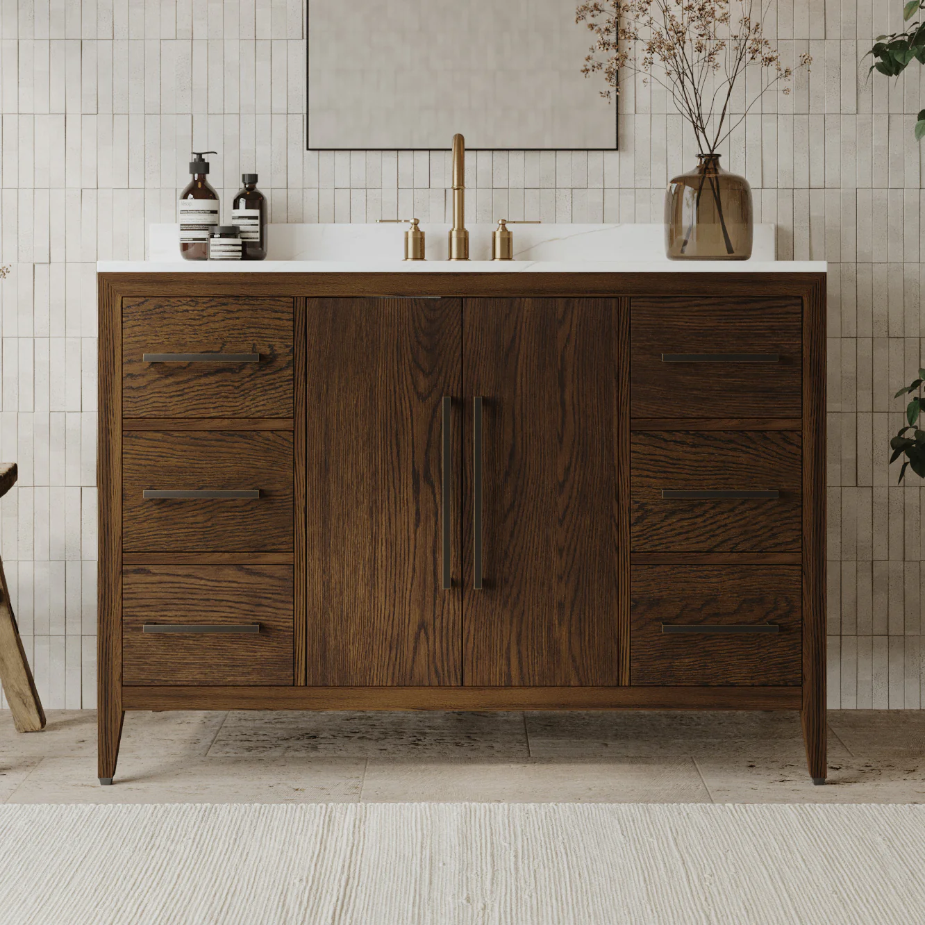 Bergen 48" Double Bathroom Vanity in Enhanced Brown Oak | Calacatta Gold Quartz Countertop - Image 4