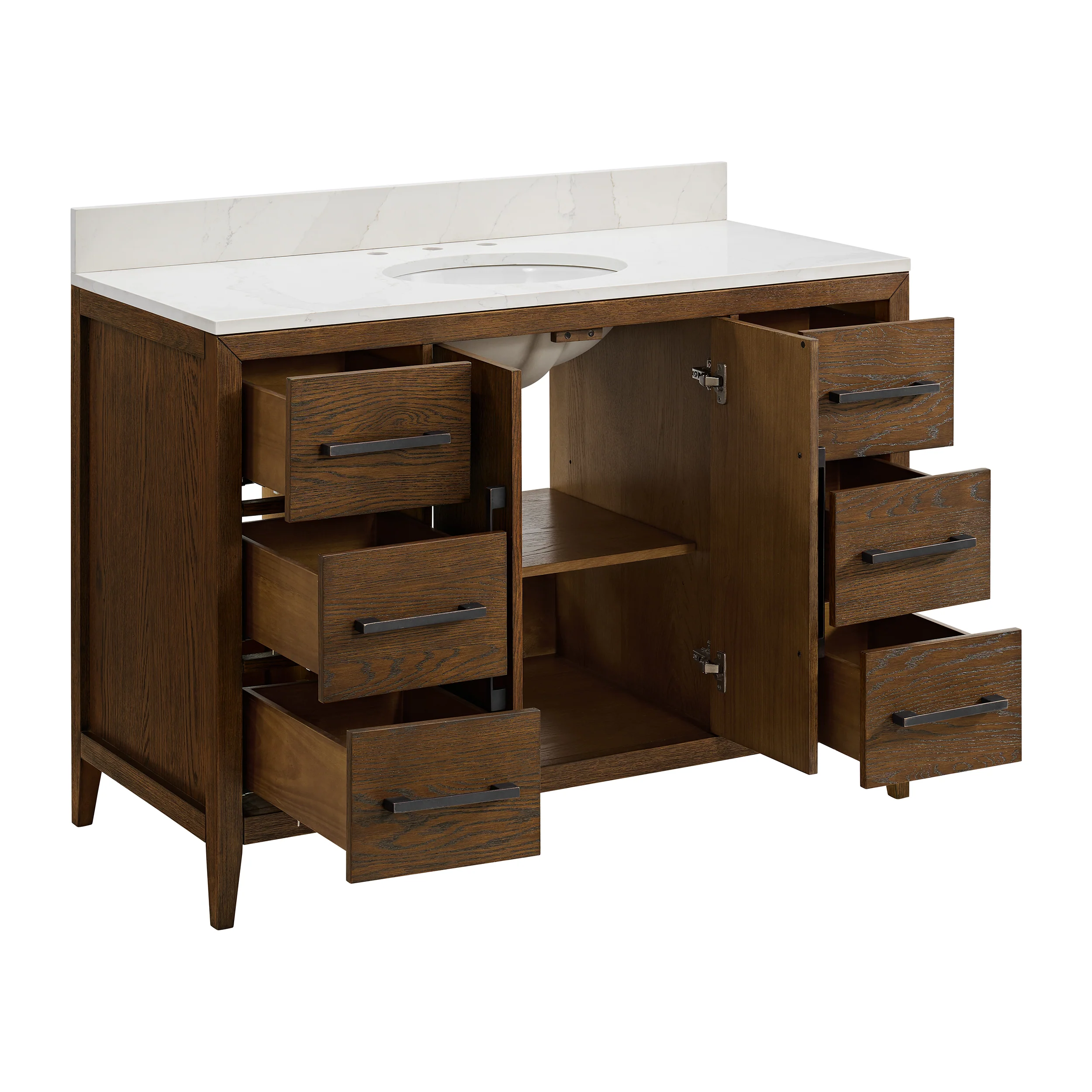 Bergen 48" Double Bathroom Vanity in Enhanced Brown Oak | Calacatta Gold Quartz Countertop - Image 7