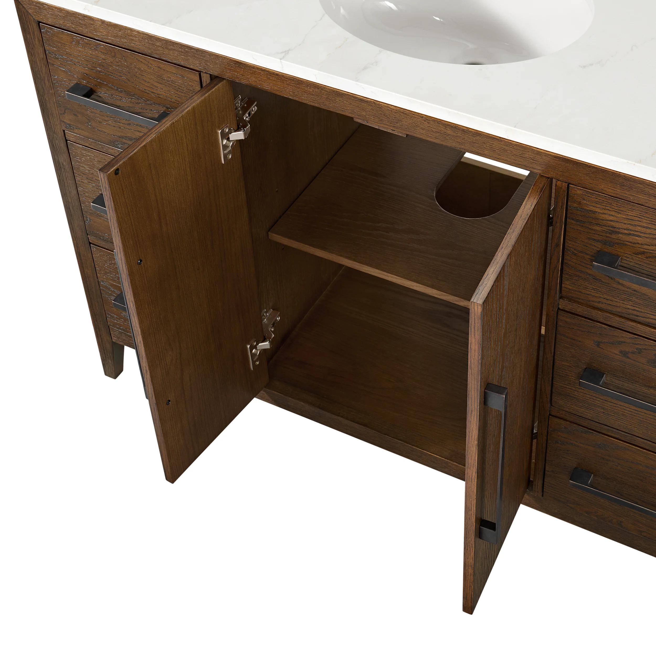 Bergen 48" Double Bathroom Vanity in Enhanced Brown Oak | Calacatta Gold Quartz Countertop - Image 8
