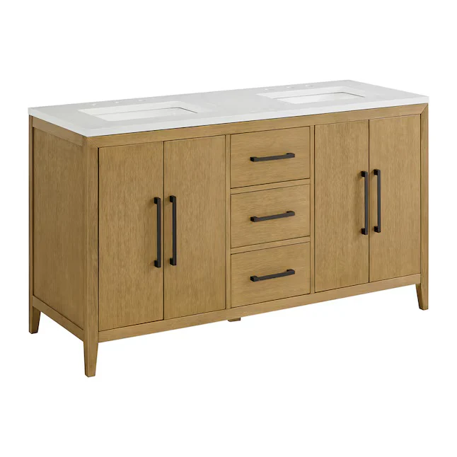 Bergen 60" Double Bathroom Vanity in Wire Brushed Oak | White Statuario Quartz Countertop - Image 13