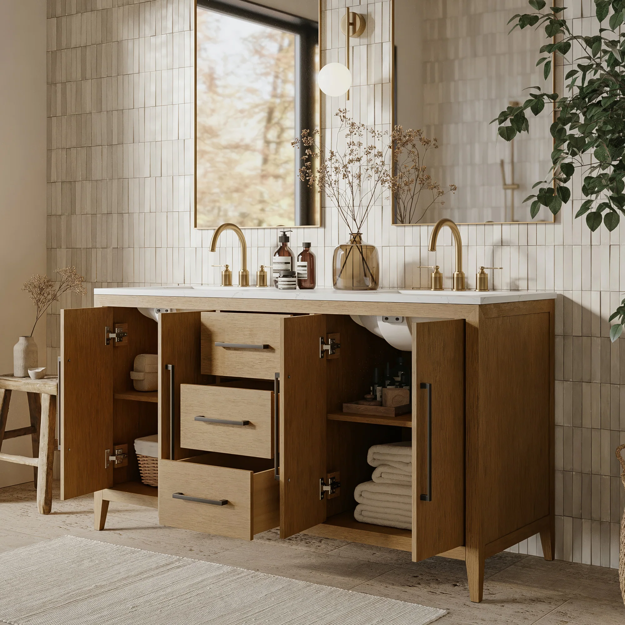 Bergen 60" Double Bathroom Vanity in Wire Brushed Oak | White Statuario Quartz Countertop - Image 3