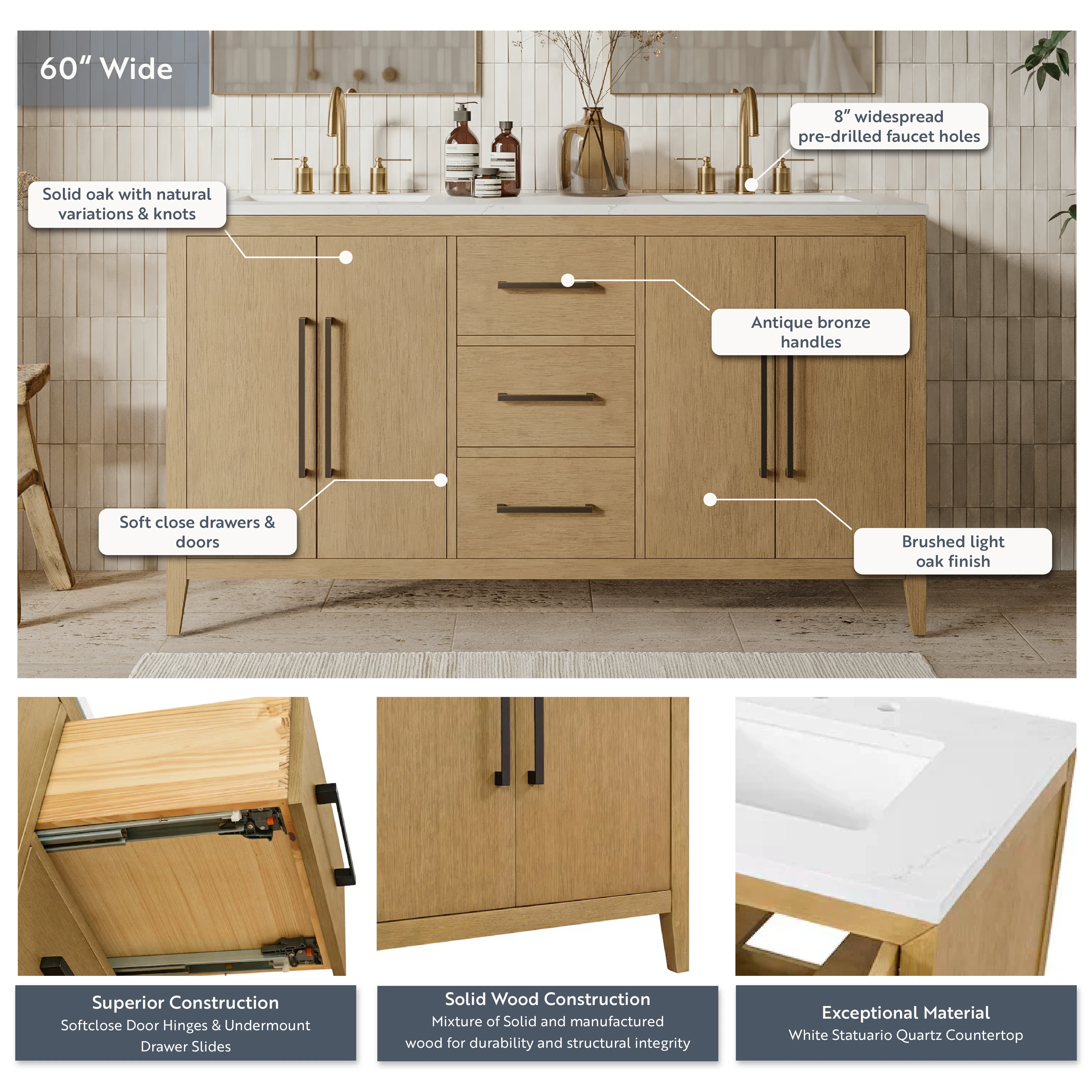 Bergen 60" Double Bathroom Vanity in Wire Brushed Oak | White Statuario Quartz Countertop - Image 4