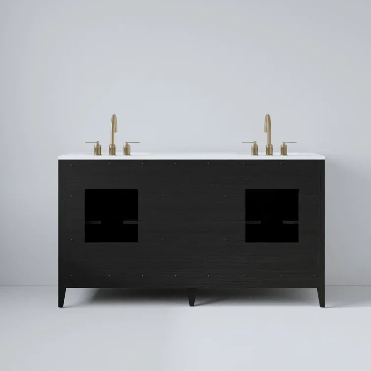 Bergen 60'' Double Bathroom Vanity in Dark Weathered Oak | Calacatta Gold Quartz Countertop - Image 10