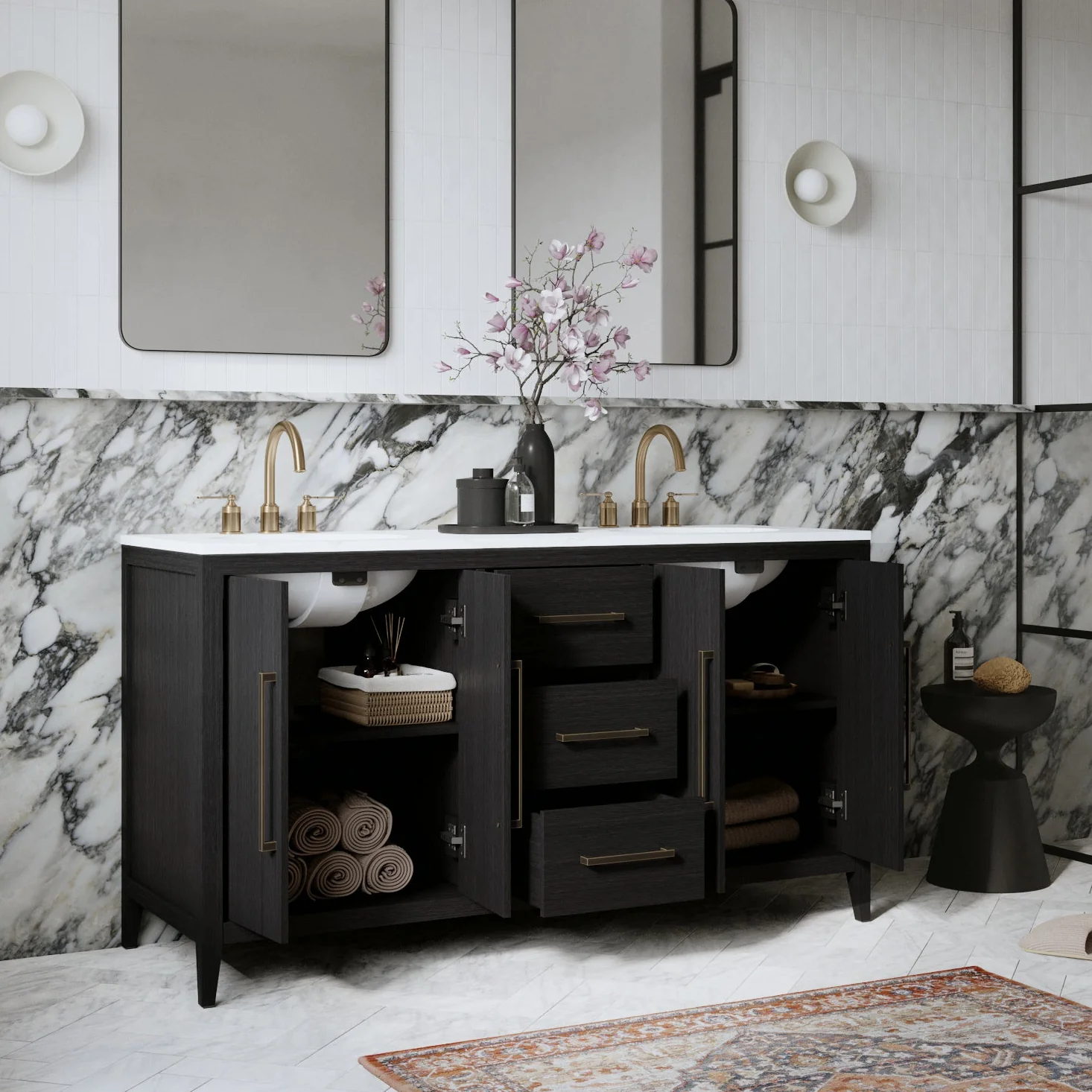 Bergen 60'' Double Bathroom Vanity in Dark Weathered Oak | Calacatta Gold Quartz Countertop - Image 3