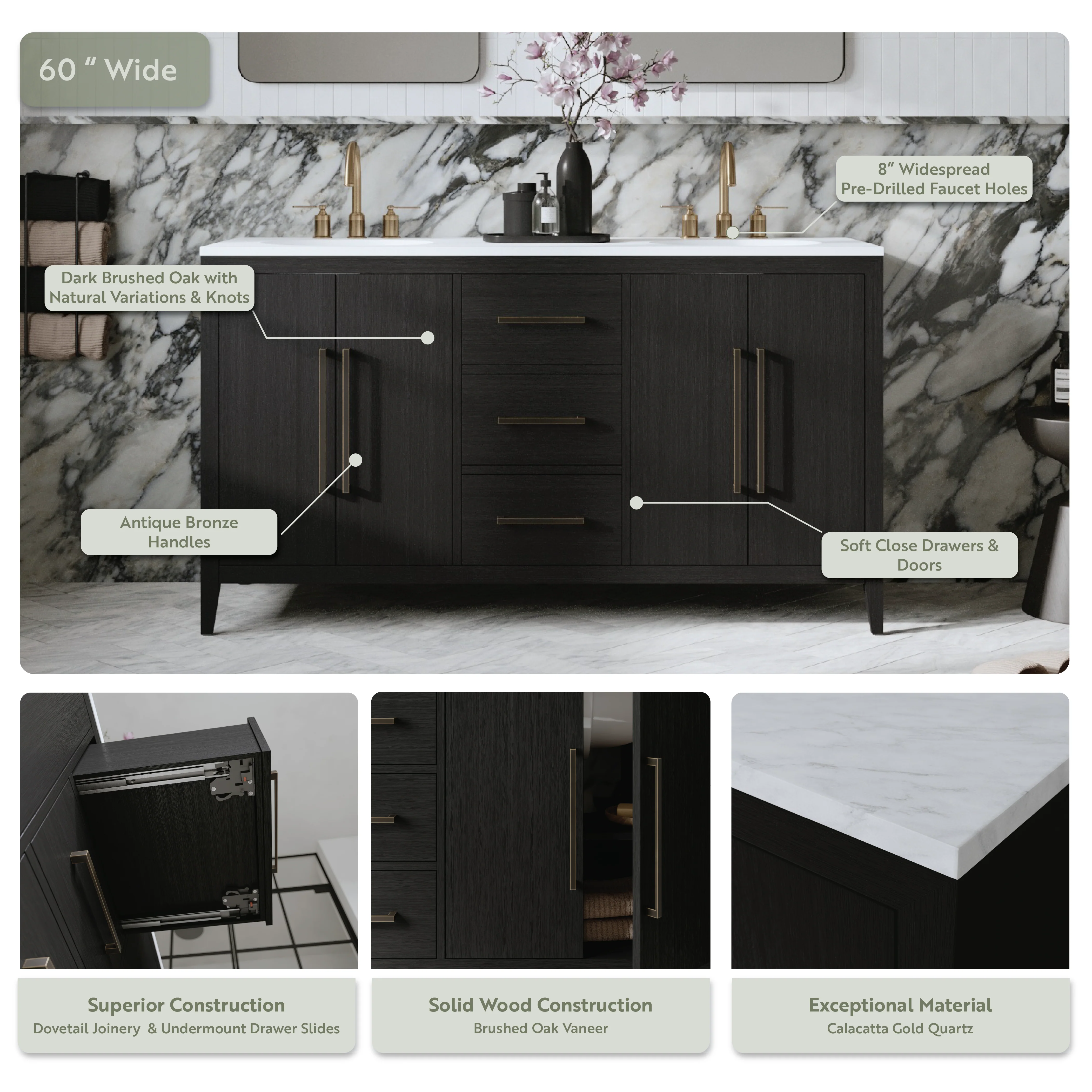 Bergen 60'' Double Bathroom Vanity in Dark Weathered Oak | Calacatta Gold Quartz Countertop - Image 4