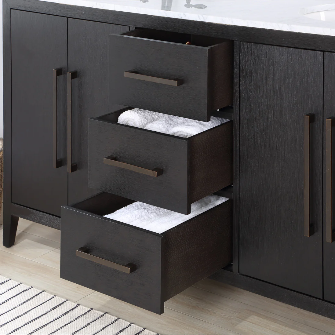 Bergen 60'' Double Bathroom Vanity in Dark Weathered Oak | Calacatta Gold Quartz Countertop - Image 5