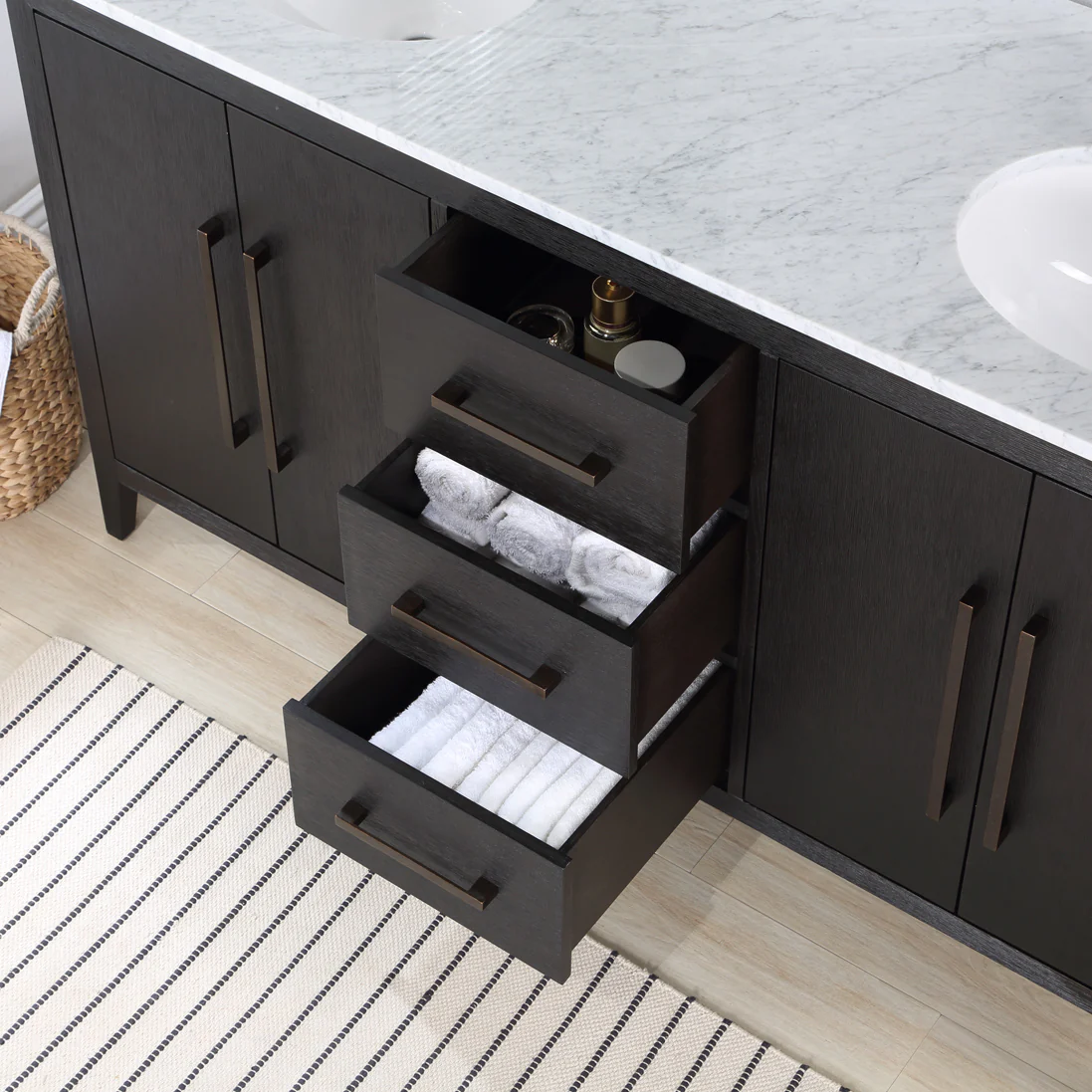 Bergen 60'' Double Bathroom Vanity in Dark Weathered Oak | Calacatta Gold Quartz Countertop - Image 6