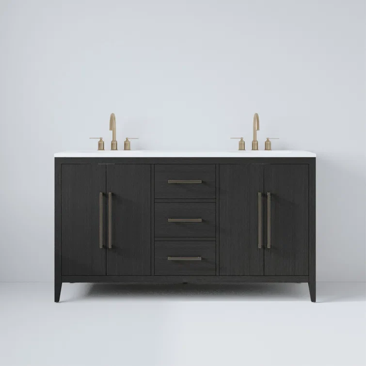Bergen 60'' Double Bathroom Vanity in Dark Weathered Oak | Calacatta Gold Quartz Countertop - Image 9