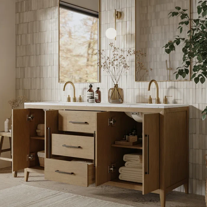 Bergen 66'' Double Bathroom Vanity in Wire Brushed Oak | Calacatta Gold Quartz Countertop - Image 3