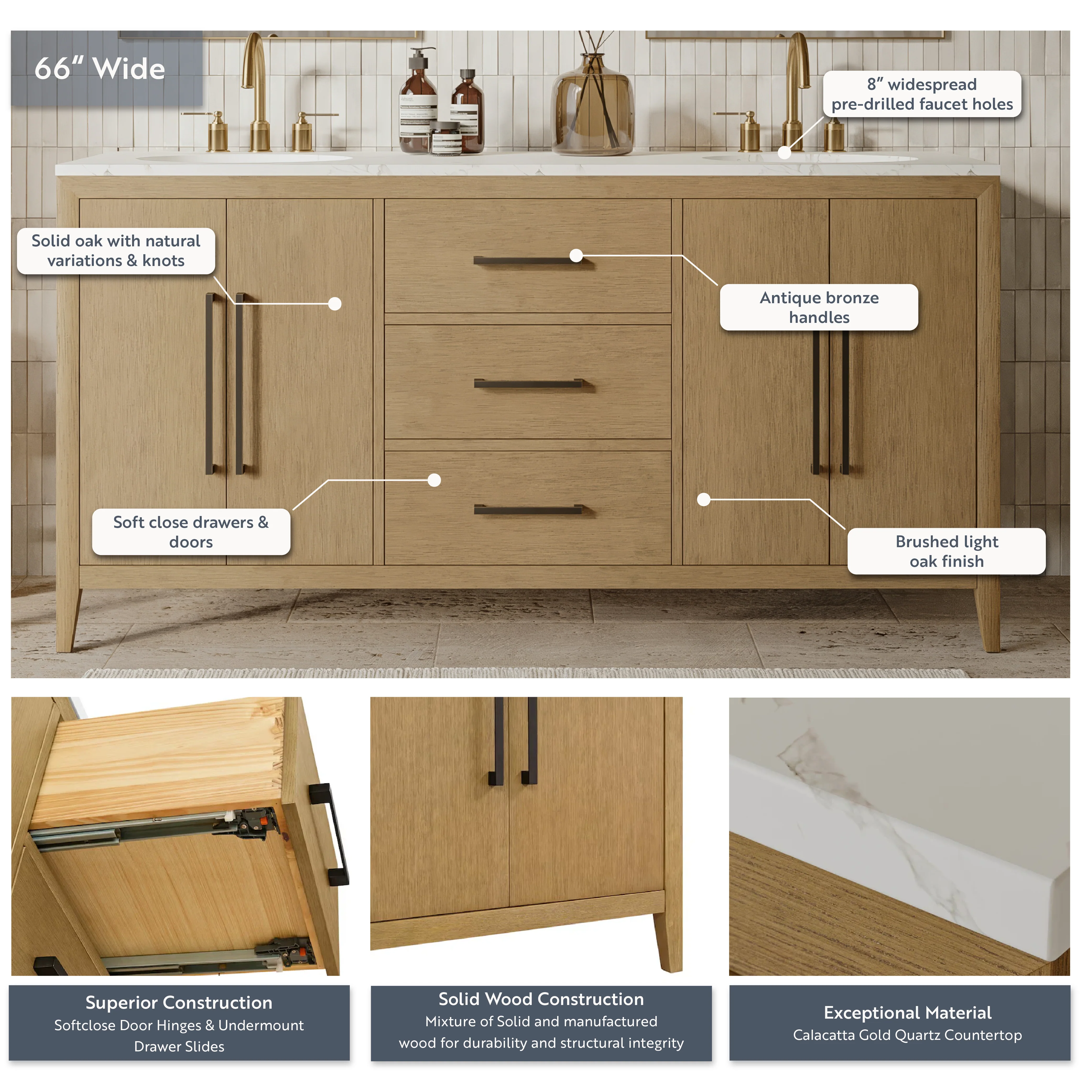 Bergen 66'' Double Bathroom Vanity in Wire Brushed Oak | Calacatta Gold Quartz Countertop - Image 4