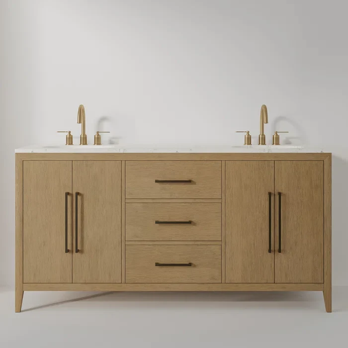 Bergen 66'' Double Bathroom Vanity in Wire Brushed Oak | Calacatta Gold Quartz Countertop - Image 6