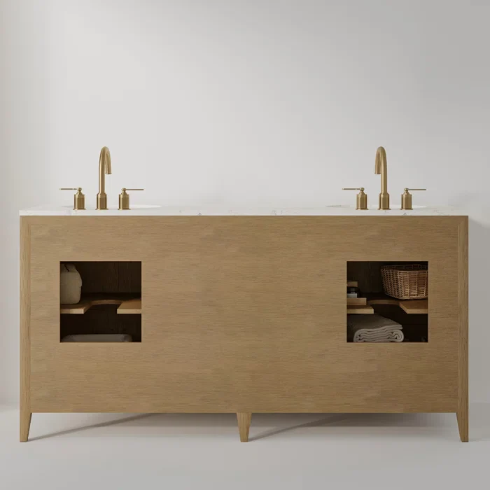 Bergen 66'' Double Bathroom Vanity in Wire Brushed Oak | Calacatta Gold Quartz Countertop - Image 7